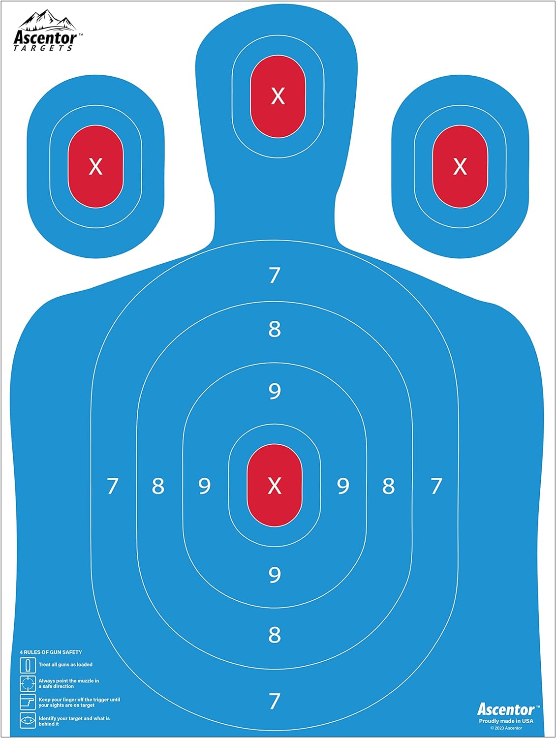 Ascentor Silhouette Shooting Target - Large Size 18 x 24 - Multiple Aiming Zones - Blue