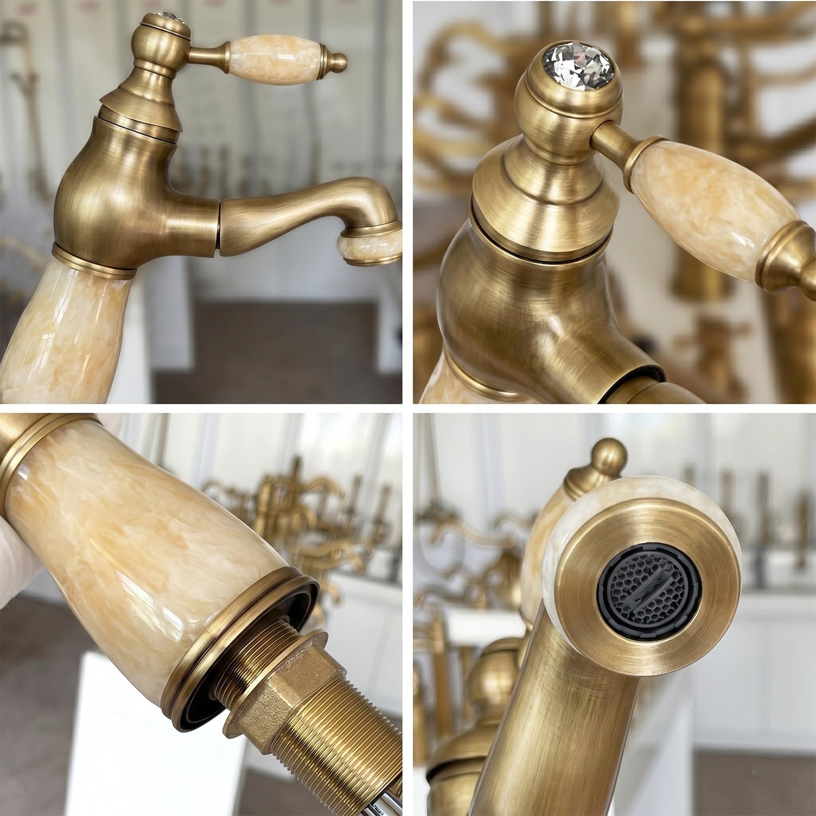 Waschtischarmatur, Antik Messing Badezimmer Wasserhahn mit Ausziehbarer Auslauf, Hochwertige Keramikkartusche, Warm Kaltwasser Armatur, Luxus Retro Waschbecken Mischbatterie