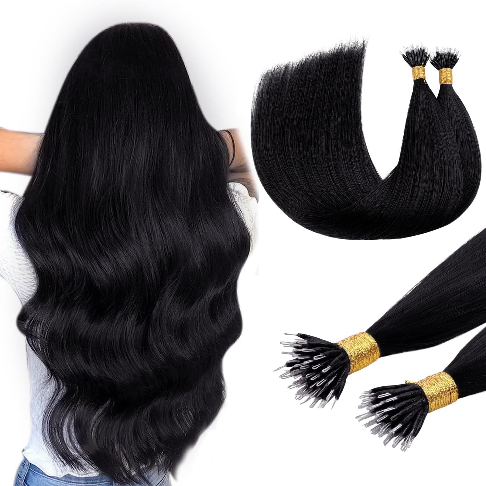 DOORES Nano Hair Extensions Real Human Hair, Jet Black 14 Inch 50g 100s, Cold Fusion Nano Beads Hair Extensions Lightweight