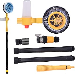 KUJOBUY Rotating Car Wash Brush with Soap Dispenser & Hose Attachment, Soft Bristle Car Spin Mop Washing Scrub Brush Long Handle, Water Flow Through High Pressure Car Cleaning Brush Kit