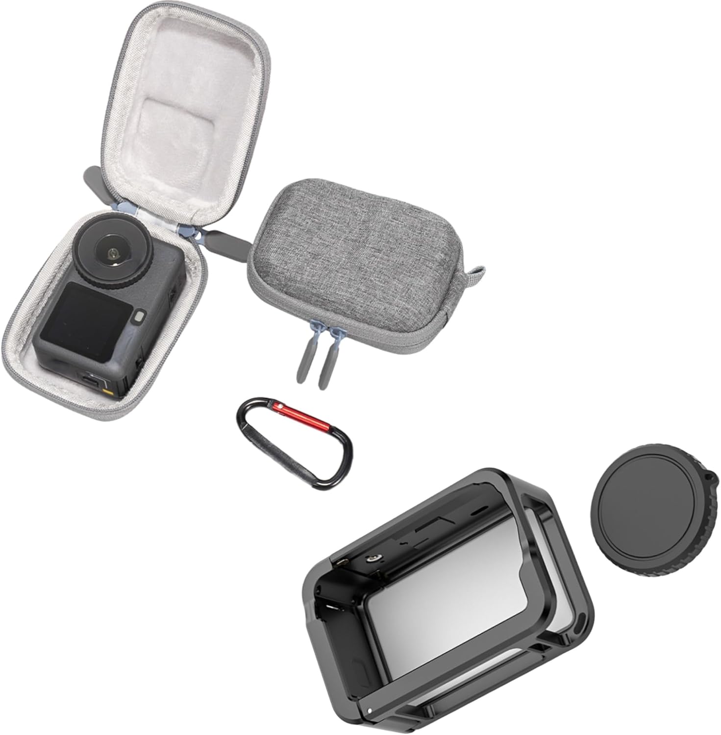 Camera Accessory Bundle Compatible with DJI Action 6 - Protective Case, Aluminum Cage (Black)