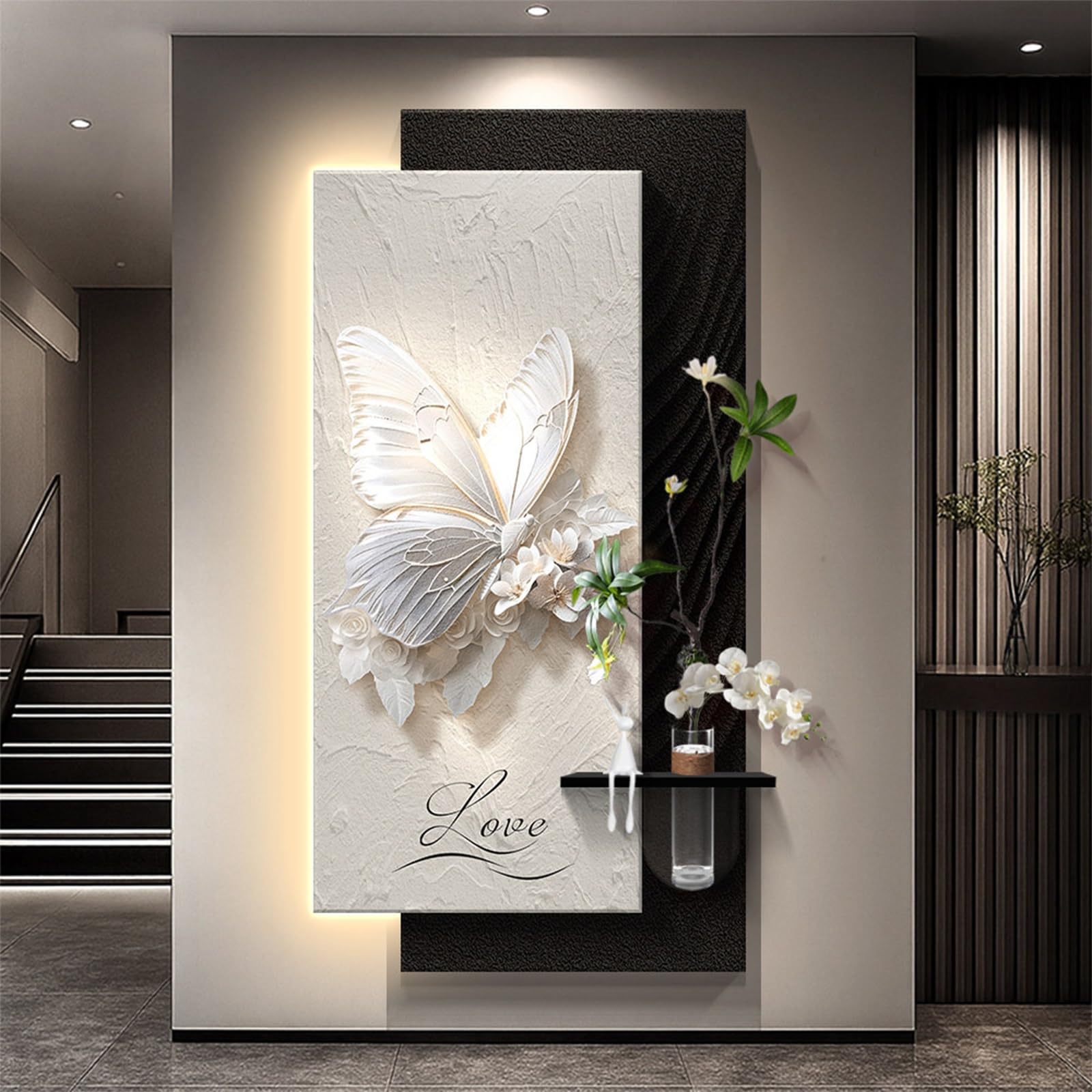 Décoration murale 3D papillon et plantes pour un salon moderne et chaleureux