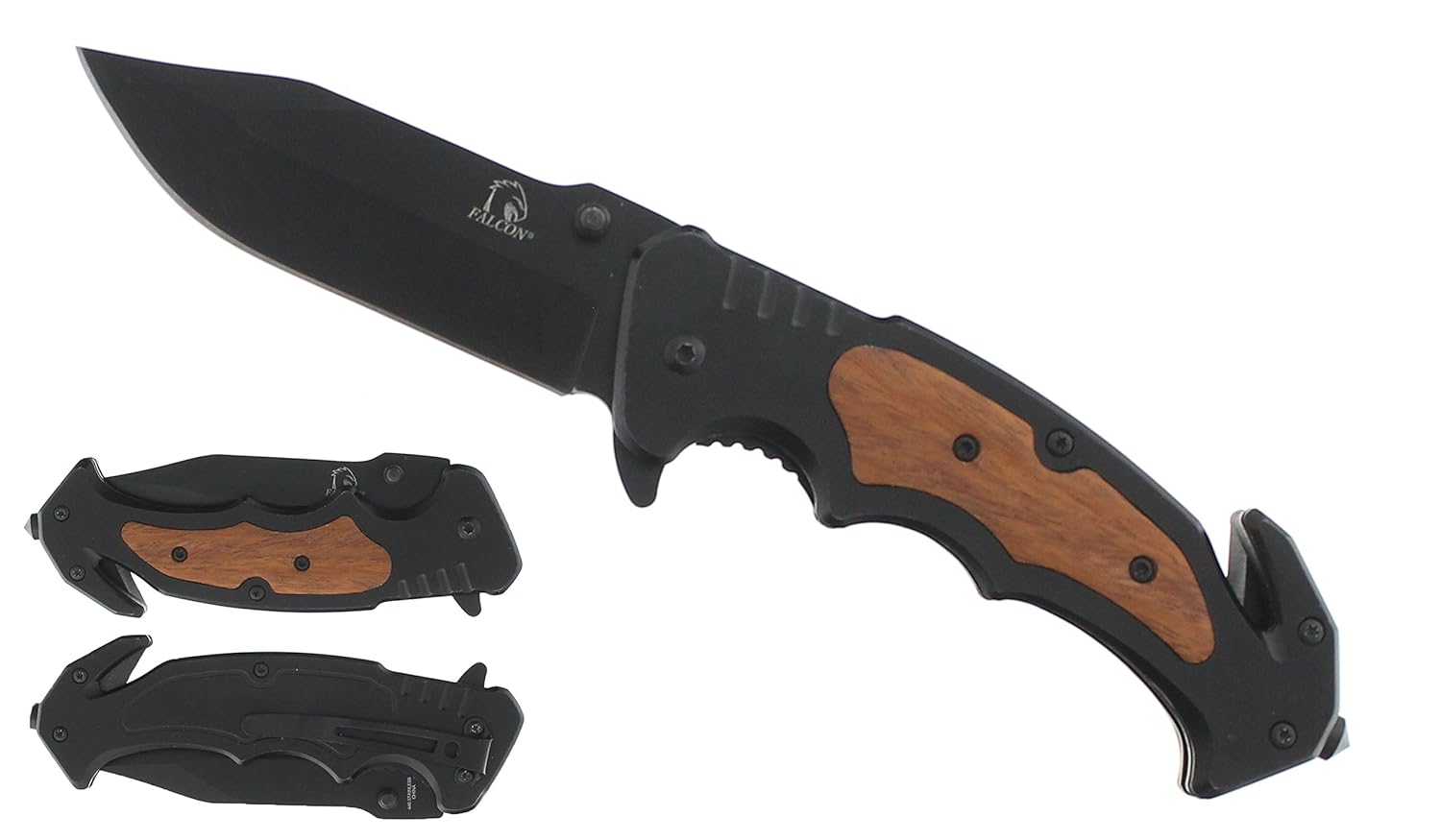 Spring Asst Knife Black Blade Handle with Wood Insert