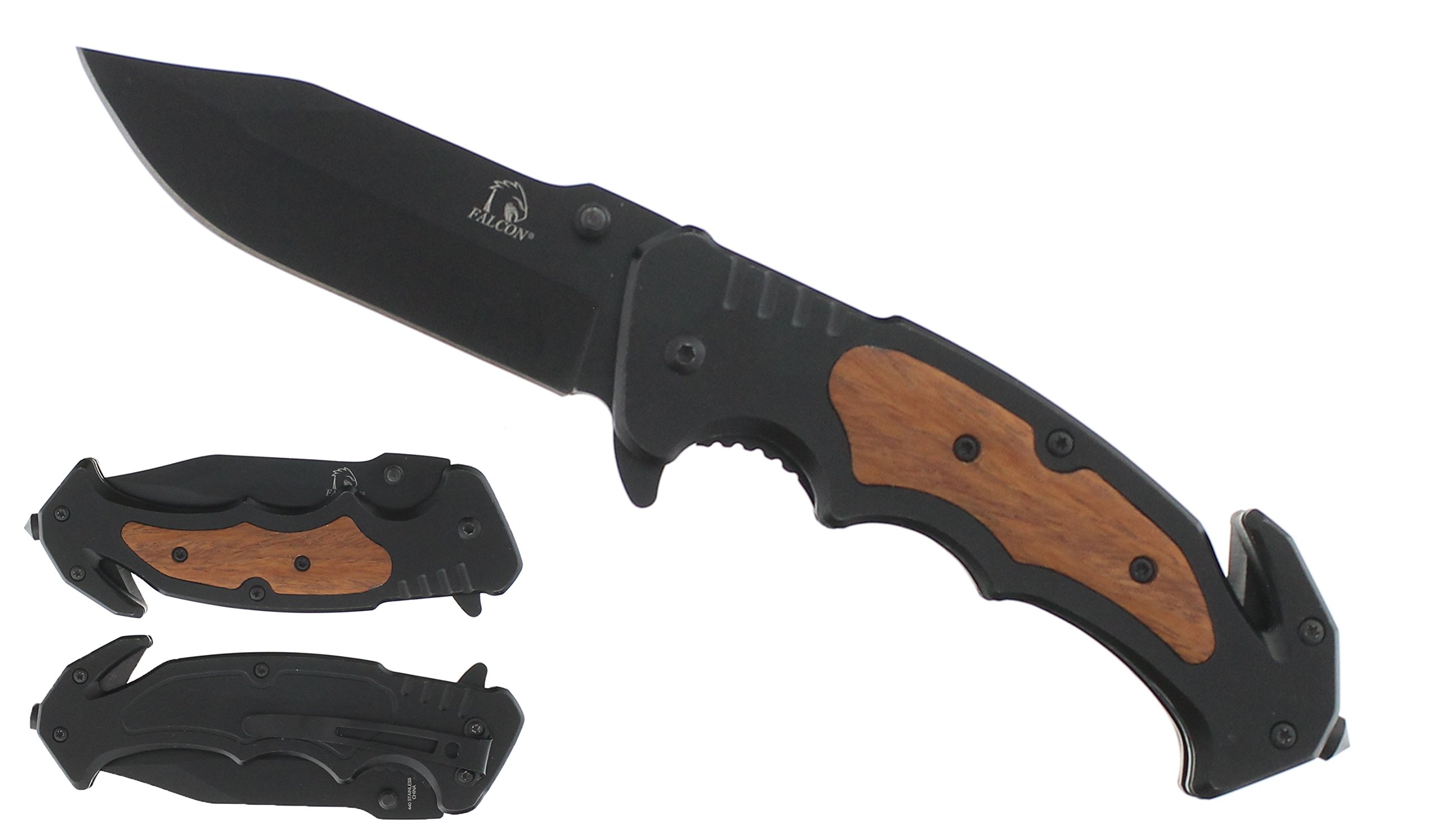 Spring Asst Knife Black Blade Handle with Wood Insert