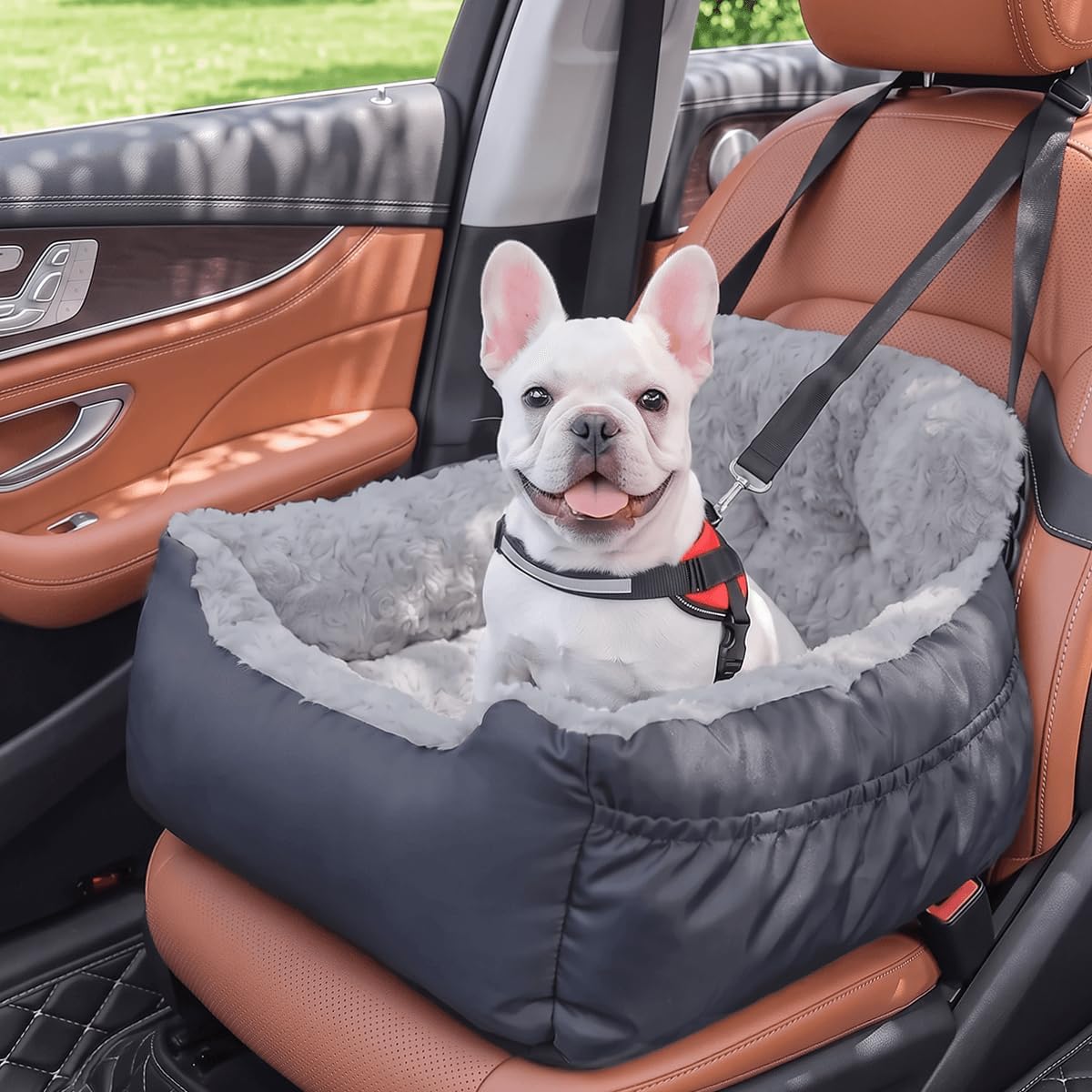 Dog Car Seat for Small Dogs, Washable Pet Booster Car Seats with Clip-On Safty Leash, Comfy Deluxe Plush Carseat with Storage Pockets, Puppy Travel Carrier Bed for Dogs Under 25 lbs, Grey