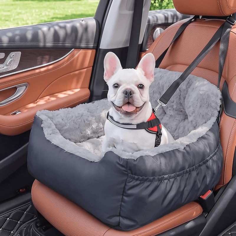 Dog Car Seat for Small Dogs, Washable Pet Booster Car Seats with Clip-On Safty Leash, Comfy Deluxe Plush Carseat with Storage Pockets, Puppy Travel Carrier Bed for Dogs Under 25 lbs, Grey