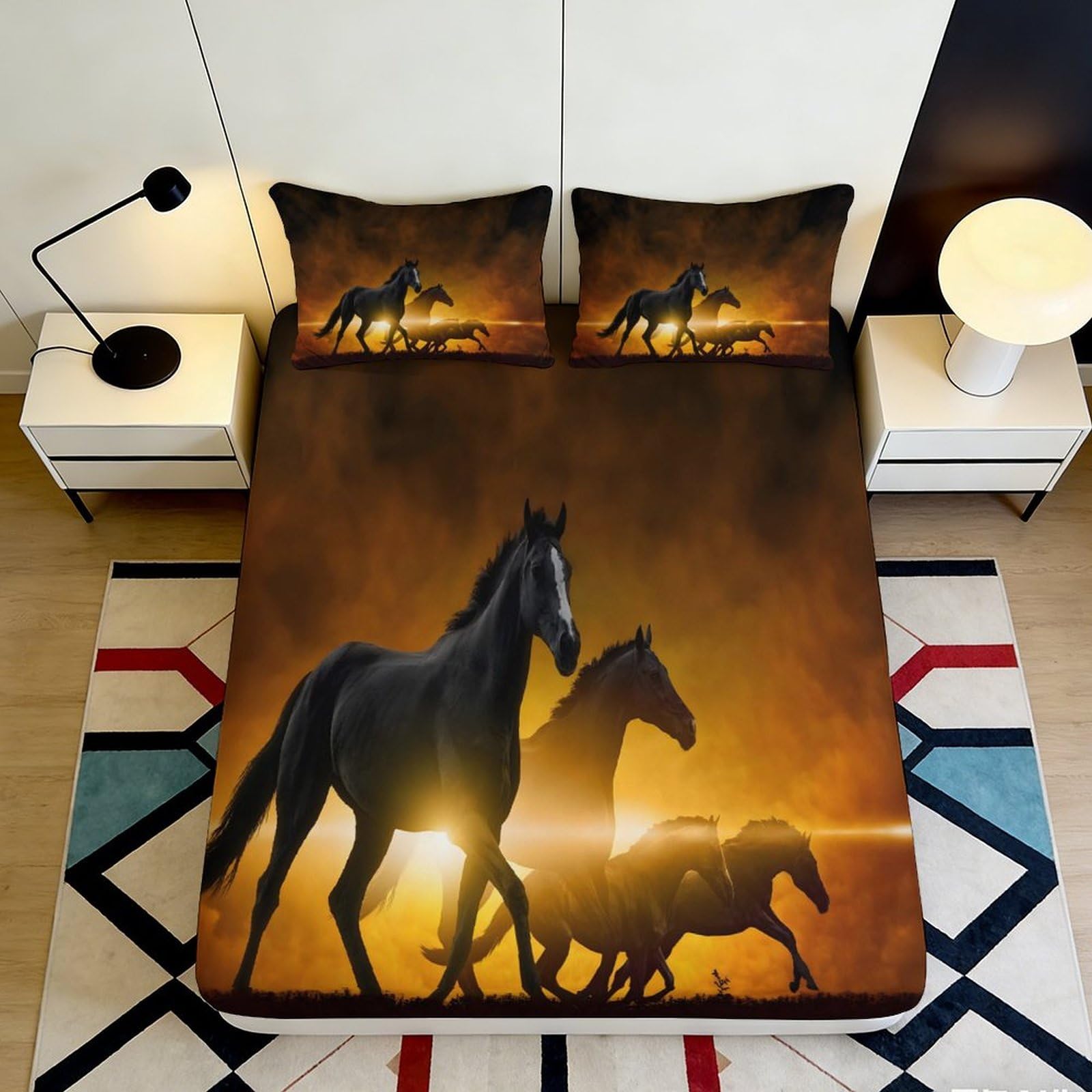 3D Printed Wild Horse Sunset Fitted Sheet Microfiber Soft Bed Cover for Bedroom Guest Room Dorm Decor Mattress Protector 90x200x25cm