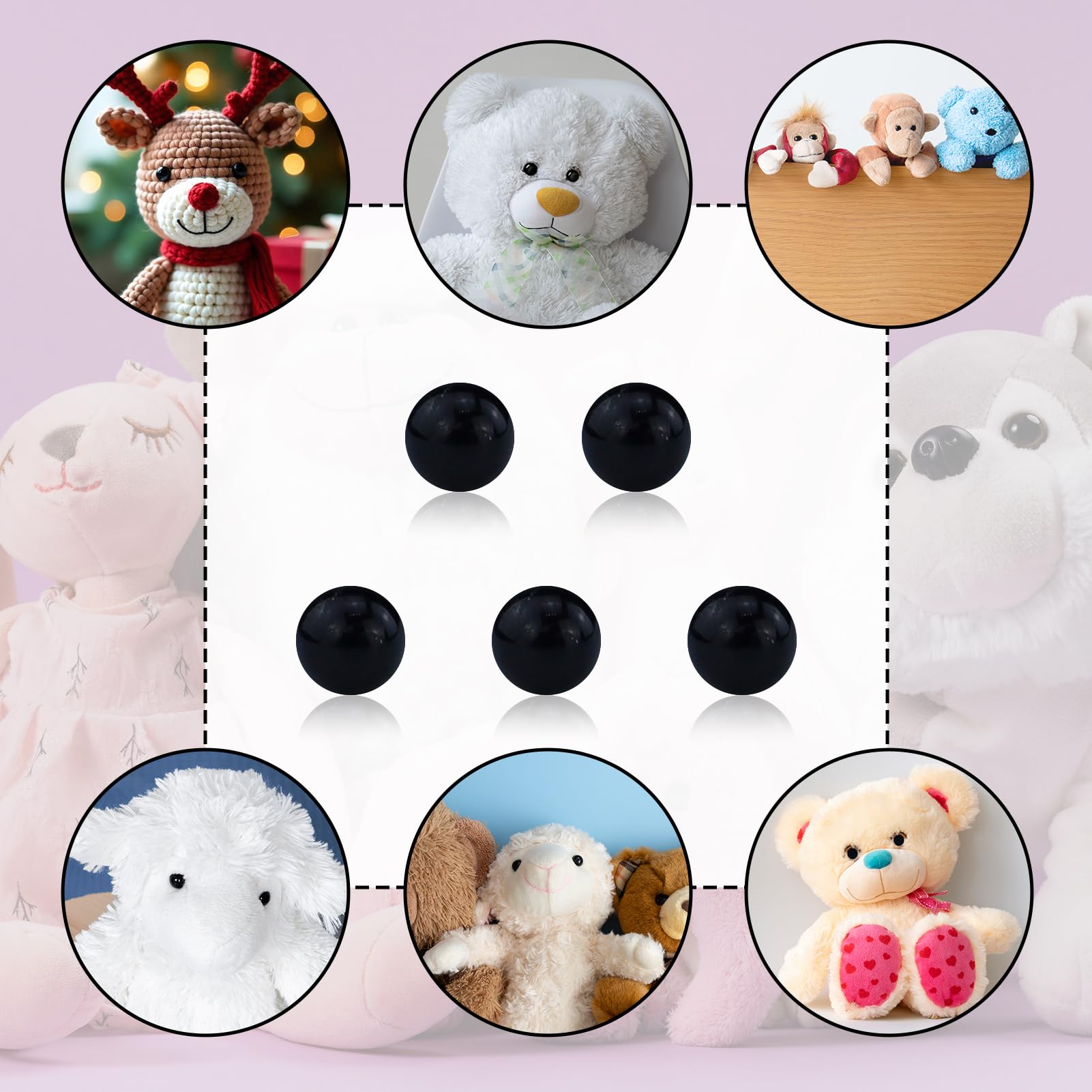 220 Occhielli di Sicurezza per Animali all'Uncinetto, in plastica, 6 mm, Colore Nero, Amigurumis, Occhi per Animali di Peluche, Occhi delle Bambole con rondelle Peluche Fai