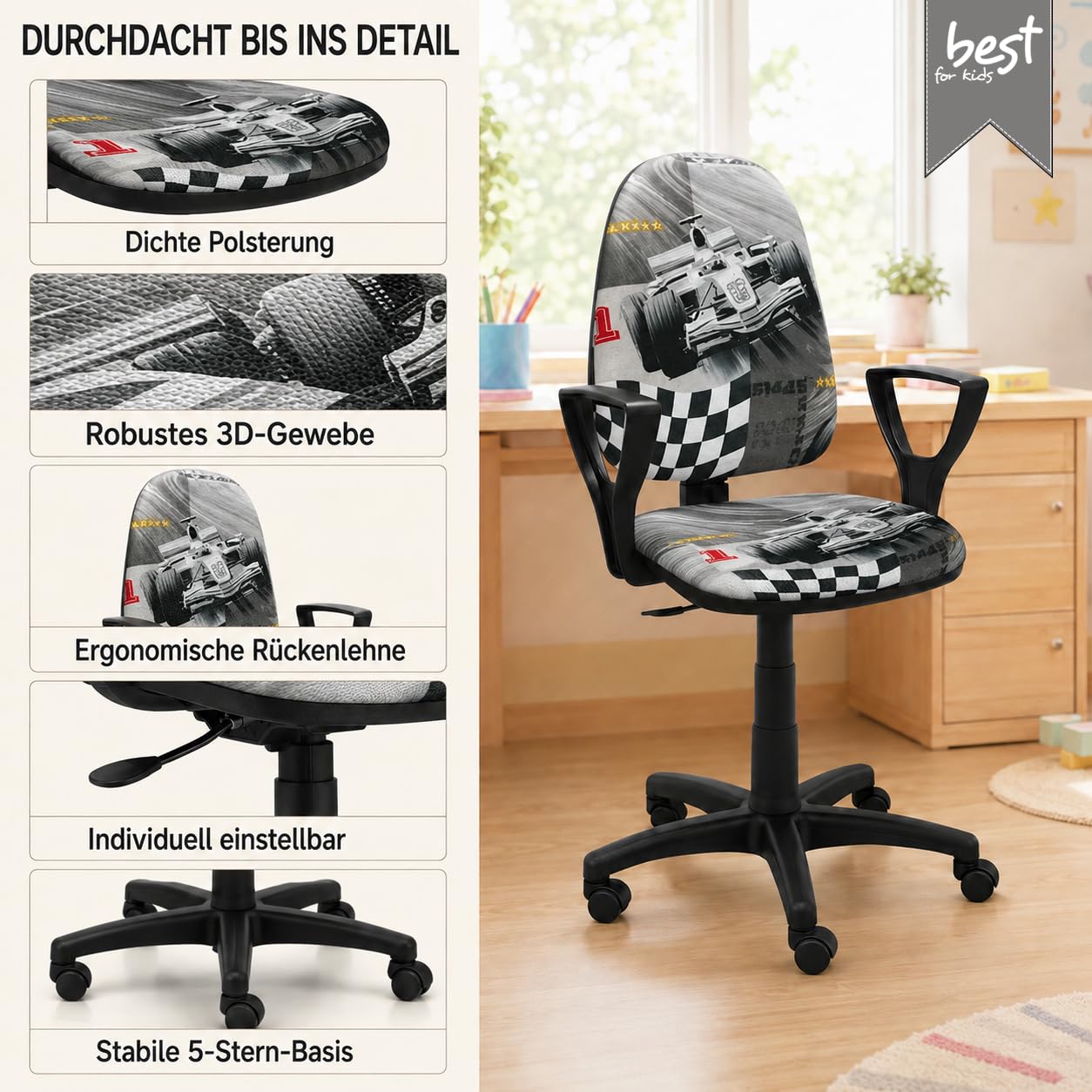 4myBaby Najlepsze dla dzieci dzieci krzesło biurkowe młodzieżowe krzesło biurowe dla dzieci krzesło obrotowe formuła 1 F1 silnik księżniczka dziewczyna pani piłka nożna (BRED F1 SZARY)