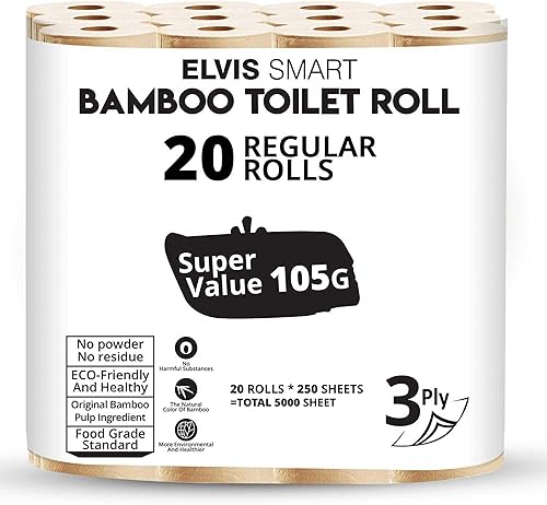 Miniatura 1 de Elvissmart Papel higiénico de bambú ultra suave, 20 megarrollos  60 rollos regulares, 250 hojasrollo, 5000 papel de baño total