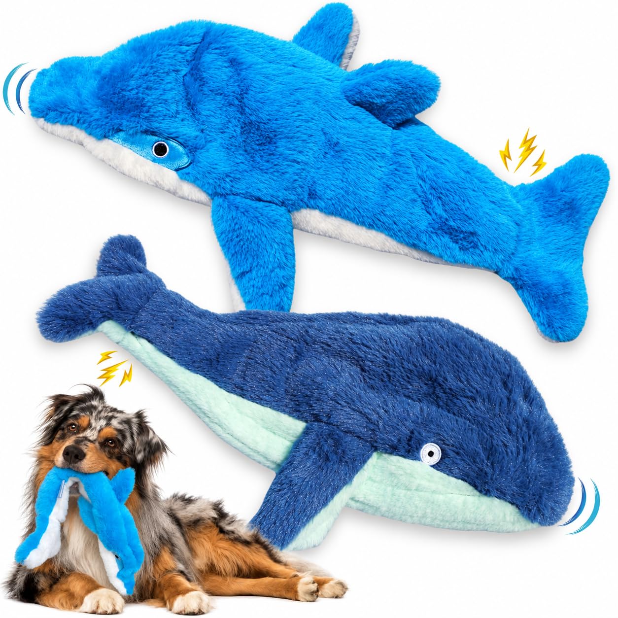 No stuffing Squeaky Dog Toy - Crinkle Dog Toy, Soft Plush, Blue, Large