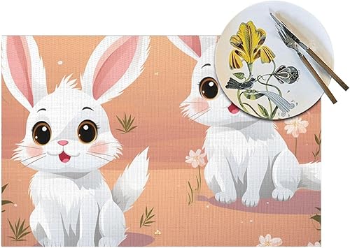 Miniatura 5 de 6 PCS PVC Placemats Set Place Mats Cute White Bunnies Non-Slip Weave Place Mats 12" x 18" Farmhouse Table Mat Set for Family Dinners Wedding Parties