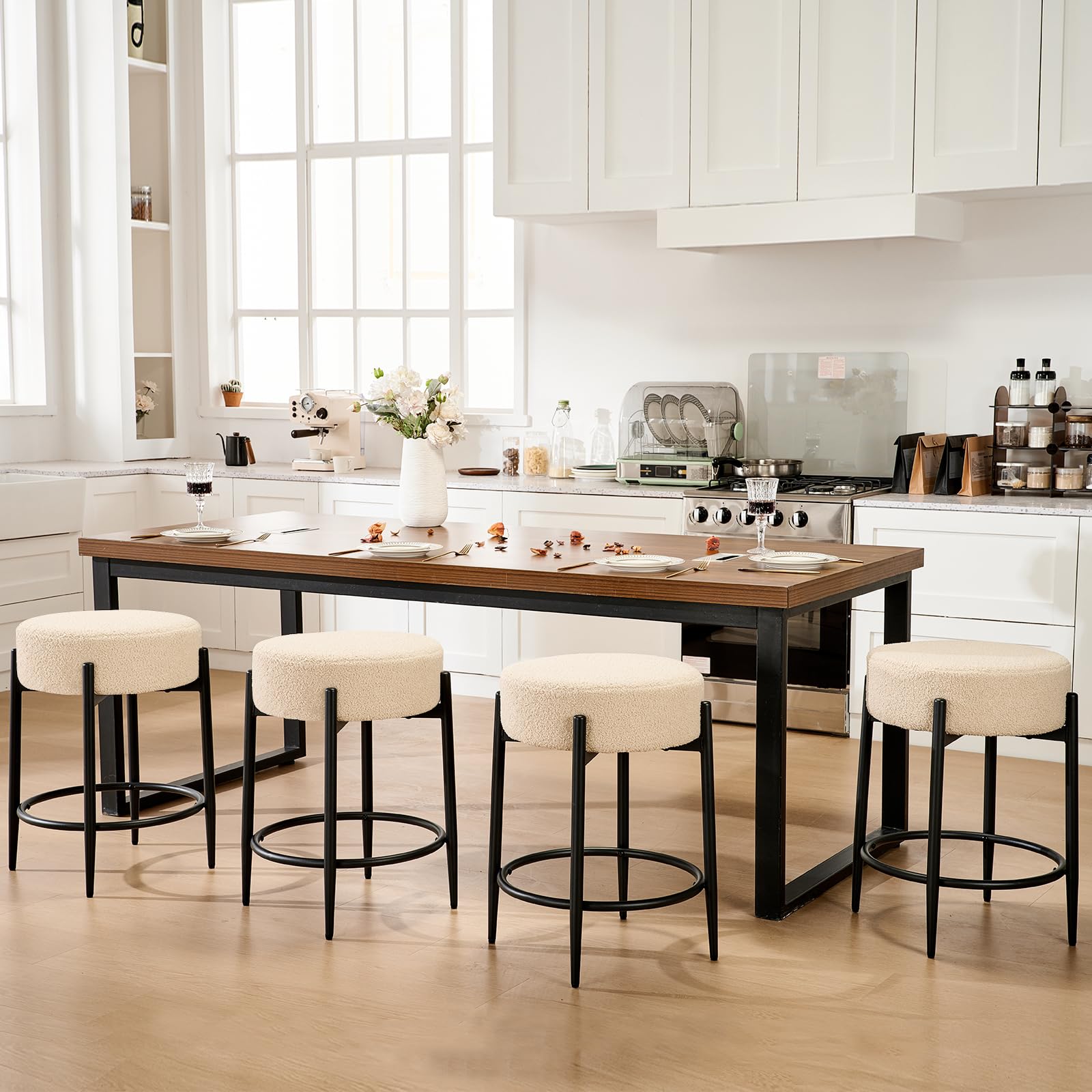 Viroformo Modern Dining Chairs Set of 4, 23.6" Beige Round Backless Boucle Sherpa Upholstered Dining Chair with Solid Metal Legs for Kitchen, Living