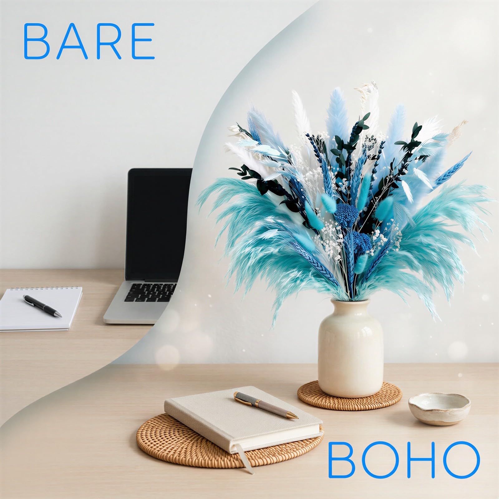 Pampasgras-Deko, 45 cm getrockneter Pampasgras-Strauß in Blau mit weißen Mischblumen, Boho-Stil, natürliche Trockenblumen für Home Office, Hochzeit, Bauernhaus, Tischdeko