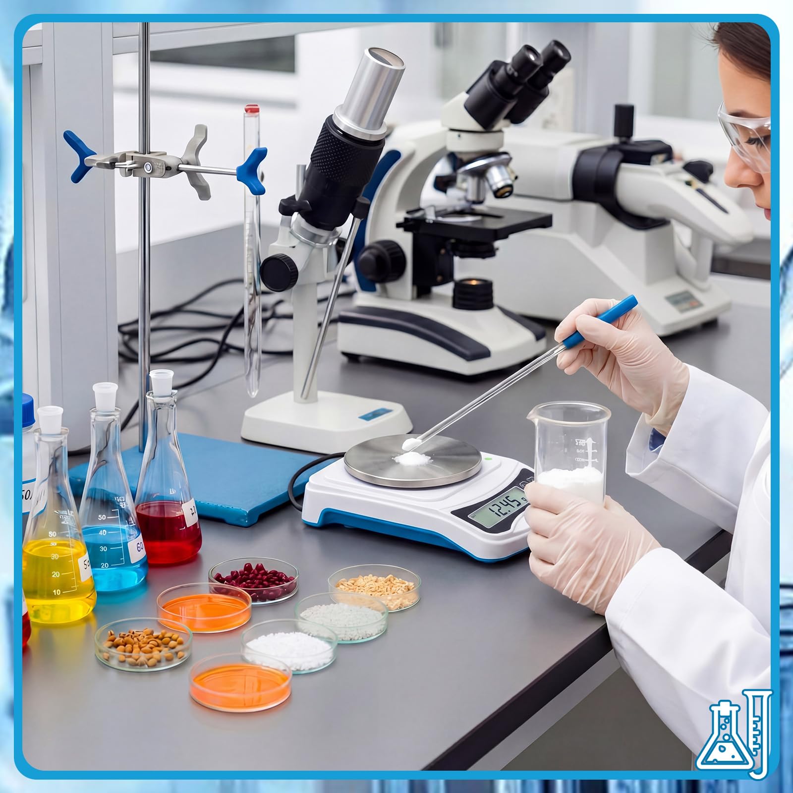 Tellegloww 31-teiliges Laborglaswaage-Set: 1 kg x 0,1 g Digitalwaage, 6 Messzylinder, 6 Becher-Set, 6 Glaspipetten, 6 Rührstäbe, 6 Messbecher für Labor, Wissenschaft, Chemie