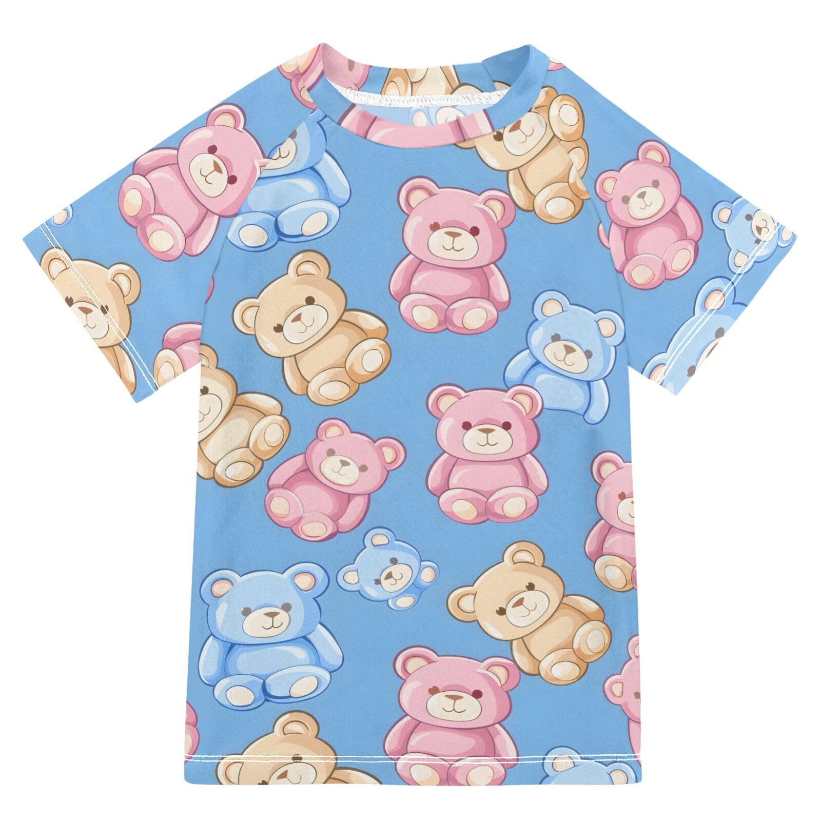 ALAZA Boys Rash Guard Swimming Shirt for Boys Short Sleeve Bear Blue Pink Yellow UPF 50+ 5-6T