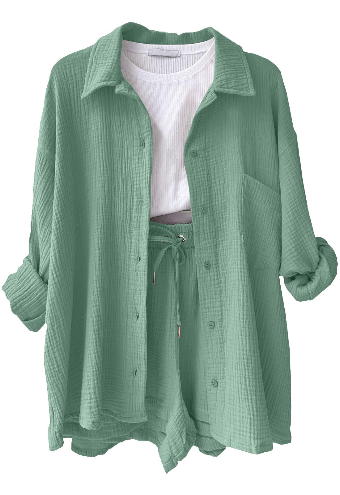 CheChury Completo Donna Elegante 2 Pezzi in Lino Estivo Camicia a Maniche Lunghe e Pantaloncini Set Tuta Casual Completi Sportivo Camicie con Bottoni Pantaloncini con Coulisse Spiaggia Lavoro Vacanza