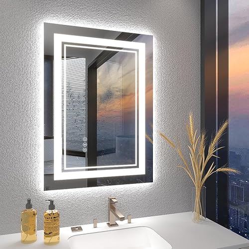 Miniatura 9 de Espejo LED para baño, espejos iluminados de 20 x 28 pulgadas para pared de baño con vidrio templado irrompible, 3 colores regulables continuos, 2