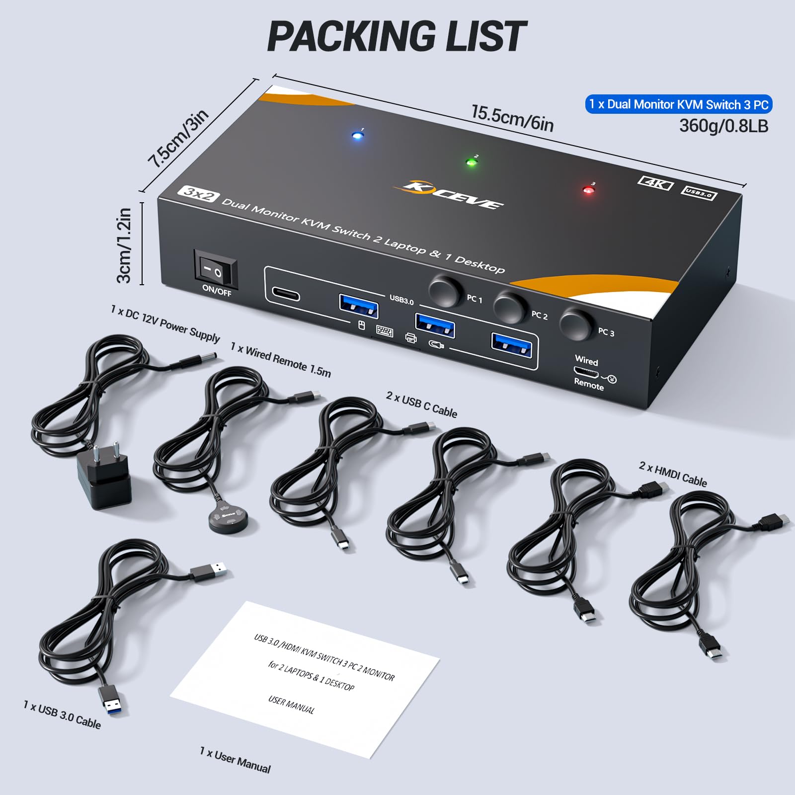 KVM Switch 3 PC 2 Monitor USB-C HDMI, USB 3.0 Dual Monitor Switch KVM pour 2 Laptops 1 Desktop Partagés Clavier Souris, 100W PD, 4K@60 Hz, Wired Remote(4K USB C HDMI 3 in 2 out KVM)