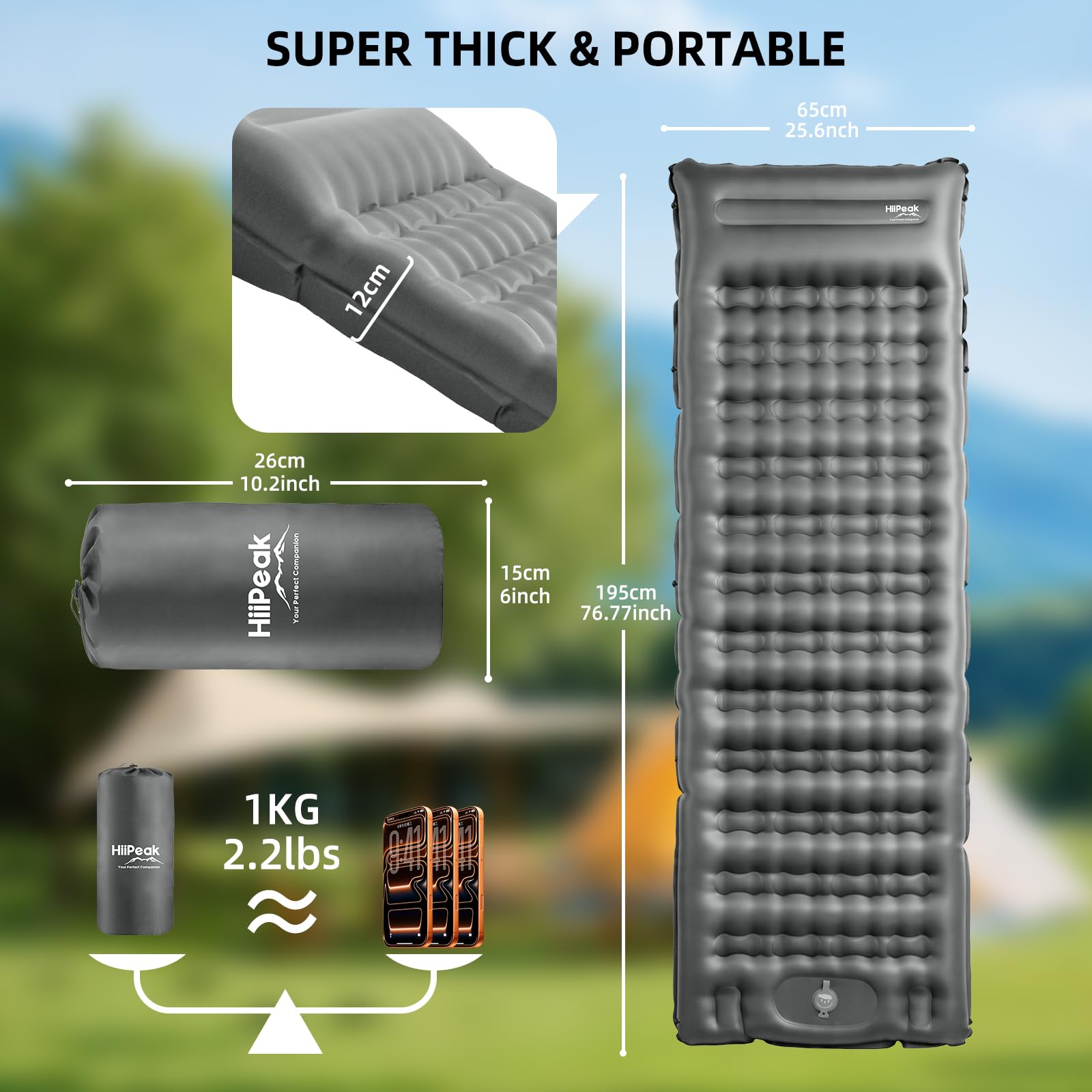 HiiPeak Almohadilla de dormir ultraligera para camping, 12 cm de grosor, con almohada y bomba de pie incorporada, esterilla de aire inflable para camping, mochileros, senderismo, viajes