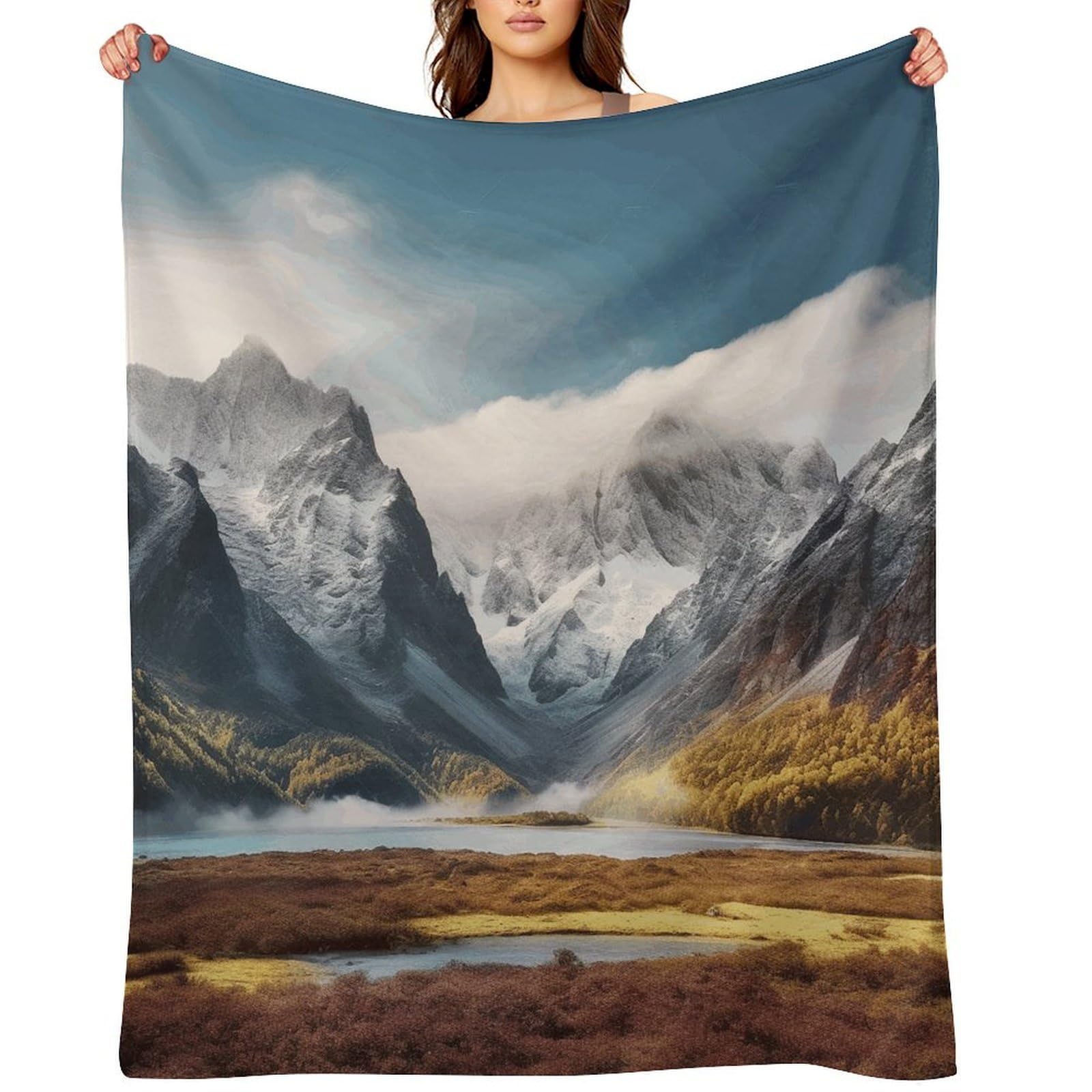 Flannel Fleece Throw Blanket - 30"x40" Super Soft Plush,Lightweight Wrinkle Resistant Cozy Travel Mountain Scenery Blanket for Couch Sofa Bed Travel Camping and Gift