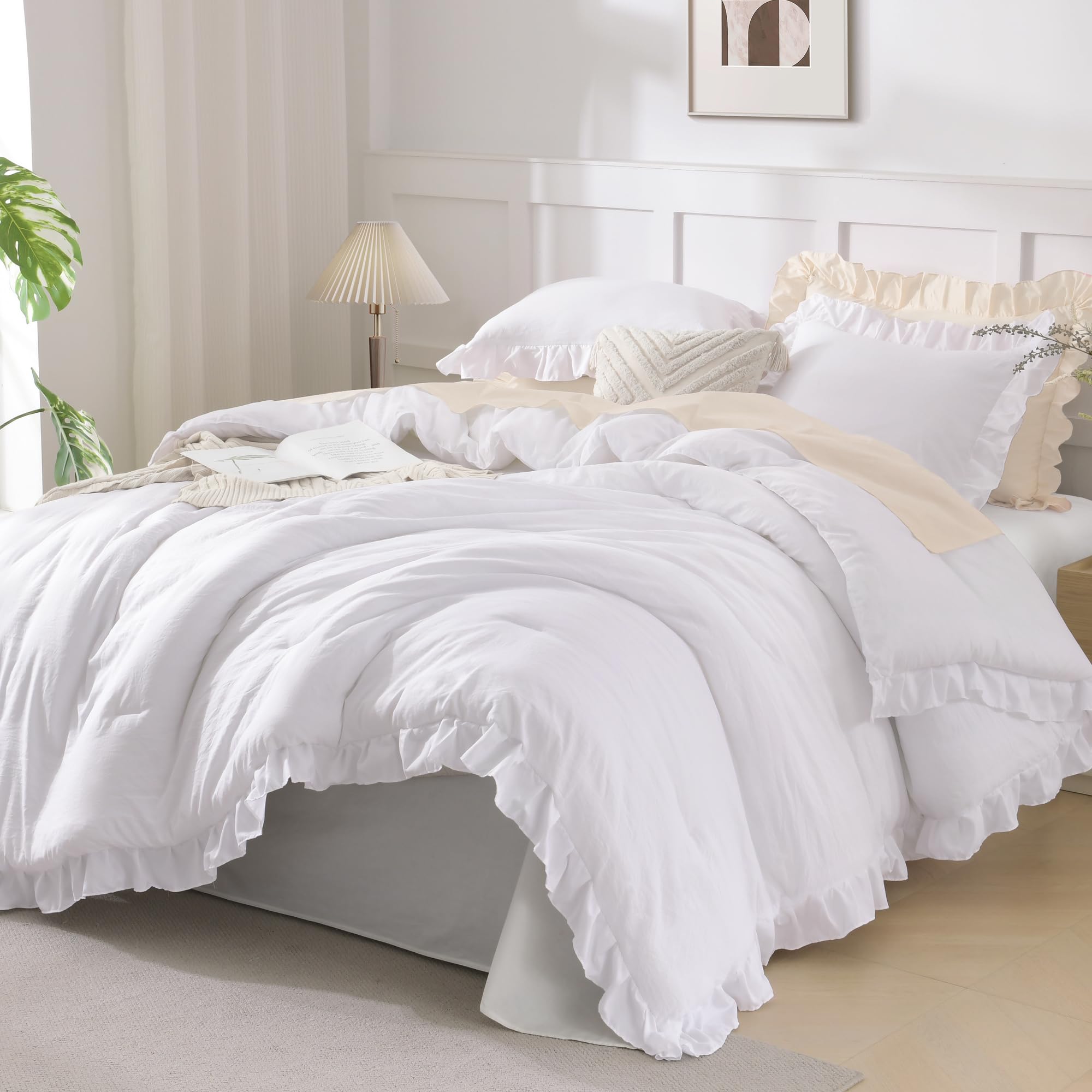 AndencyWhite California King Comforter Set, 3 Pieces Shabby Chic Ruffle Solid Cal King Bedding Sets, Oversized All Season Soft Lightweight Down Alternative Bed Set for Adults Men Women
