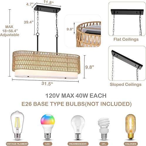 Miniatura 3 de HMVPL Candelabros de ratán para comedor, lámpara de comedor bohemia, lámpara colgante de cocina lineales de 5 luces con pantalla de tela, lámpara