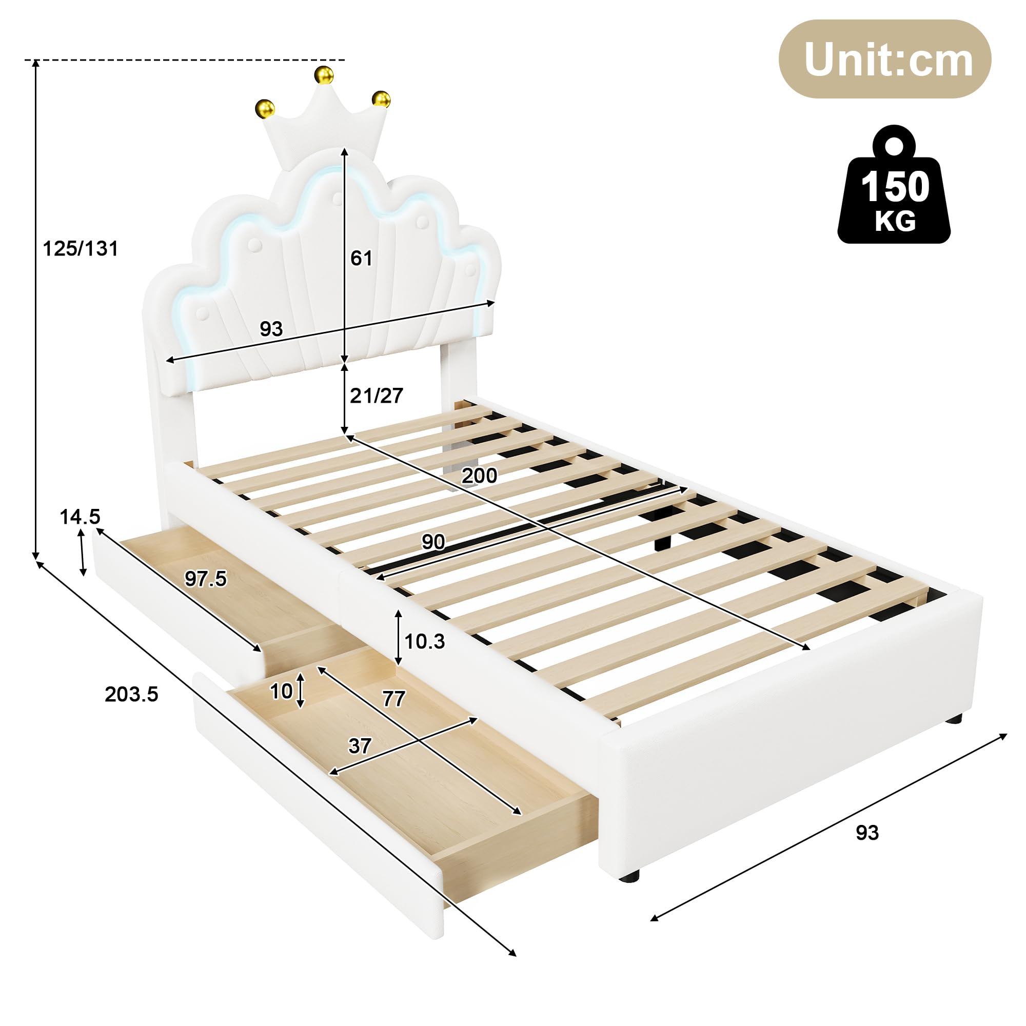 Merax Lit enfant 90x200, lit rembourré pour fille avec tête de lit réglable en forme de couronne, bande LED 16 couleurs, cadre de lit en similicuir PU avec sommier et 2 tiroirs (sans matelas), Blanc
