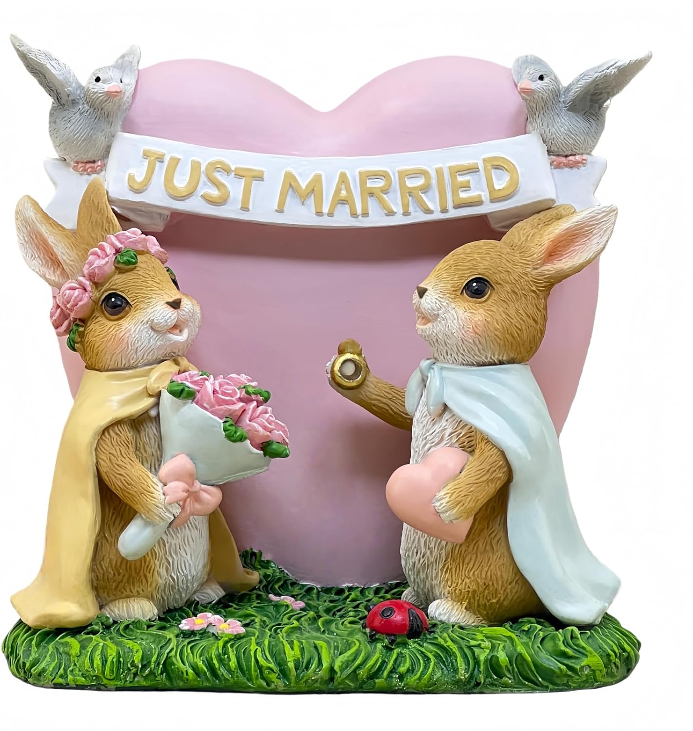 Bunny Wedding Statue Heart with Doves Easter Rabbit Decor Resin Figurines Sculptures Birthday Valentine's Day Decorative for Party Supplies Garden Statues, Yard Decorations (Brown)