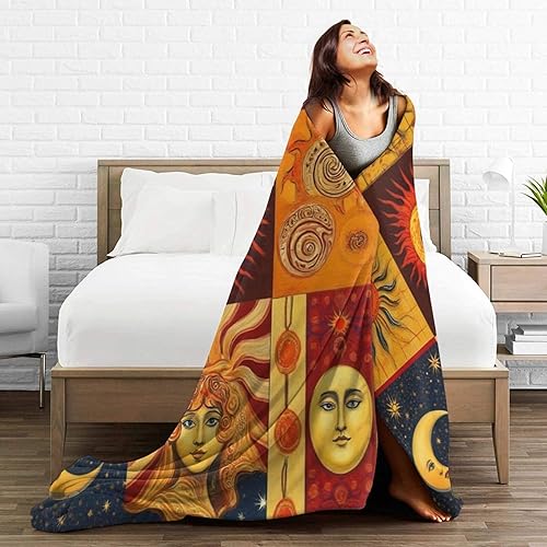 Miniatura 5 de Manta bohemia retro con sol y ondas, de franela súper suave y cálida, de microfibra, para decoración del hogar, para todas las estaciones, para