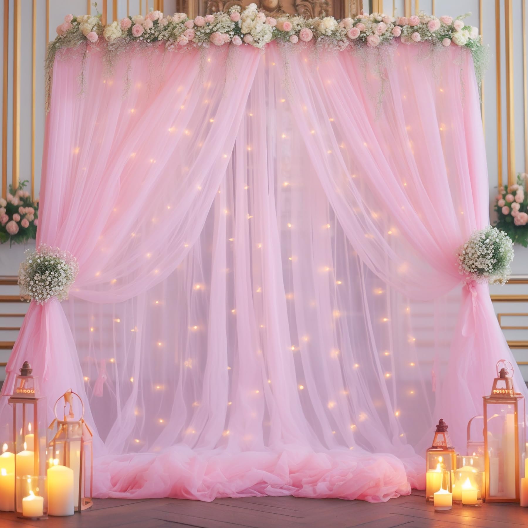 10x10ft Baby Pink Tulle Backdrop Curtain with Lights String for Parites, Sheer Backdrop Curtains for Wedding Baby Shower Birthday Party Photo Shoot Decorations