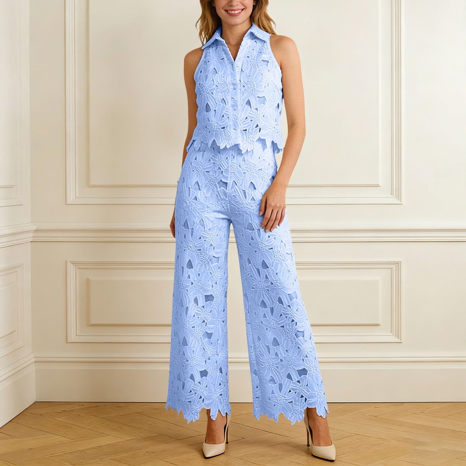 Completo Donna Estivo da Spiaggia - Completi Donna Abiti in Due Pezzi con Gilet in Pizzo Traforato con Risvolto Pantaloni Gilet Corto Senza Maniche Floreale E Pantaloni a Gamba Larga