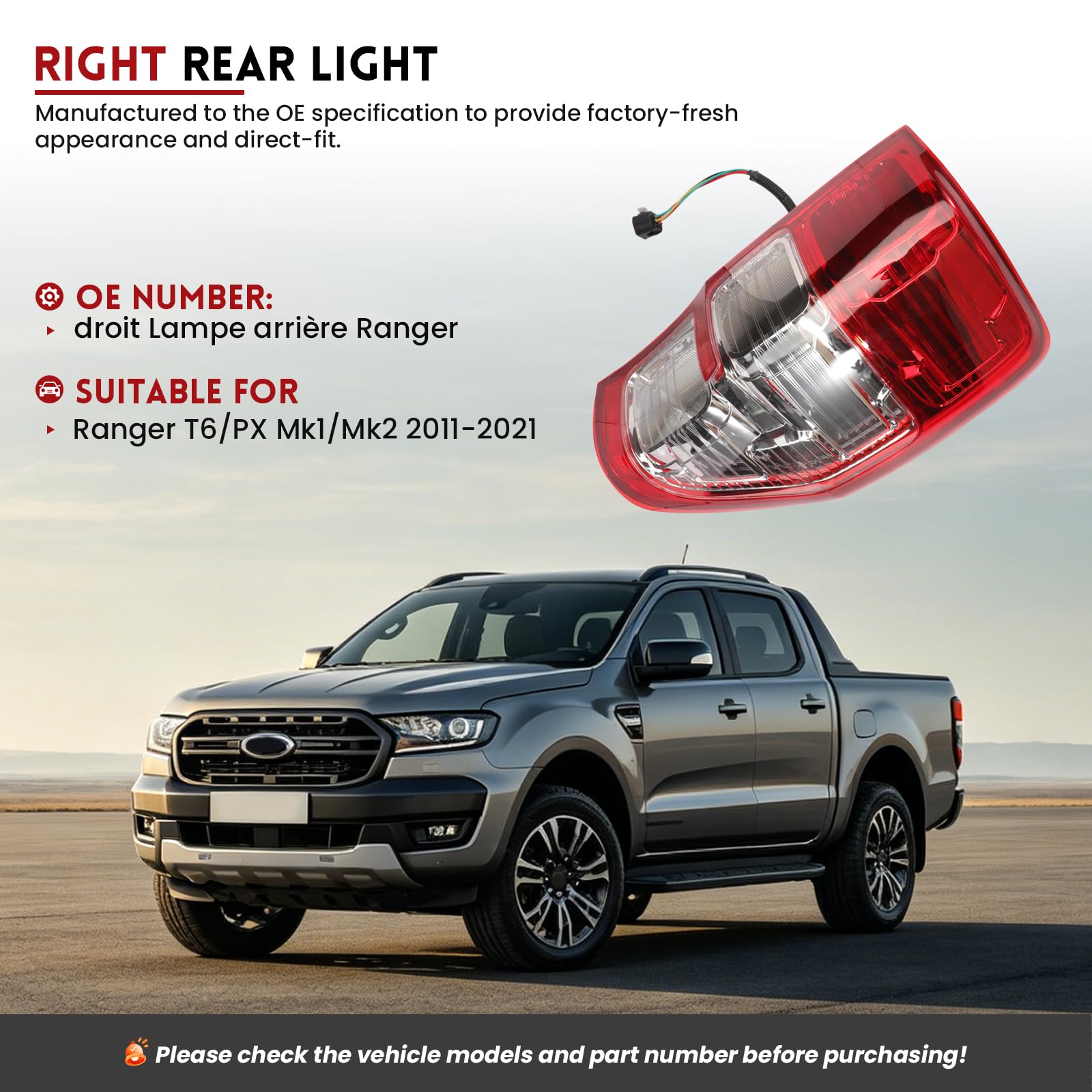 Faro Trasero Derecho para Ford Ranger T6 PX MK1 MK2 MK3 2011-2022 Piloto Trasero Luz Trasera MontajeLado del Acompañante