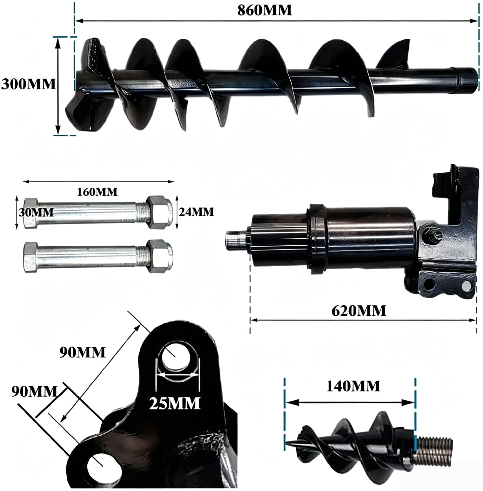 Hydraulischer Erdbohrer 200mm für Minibagger, Bohr-Aufsatz für Bagger 0,8–2 Tonnen, mit 2 Hydraulikschläuchen und Bolzen für Bodenbohren und Erdarbeiten