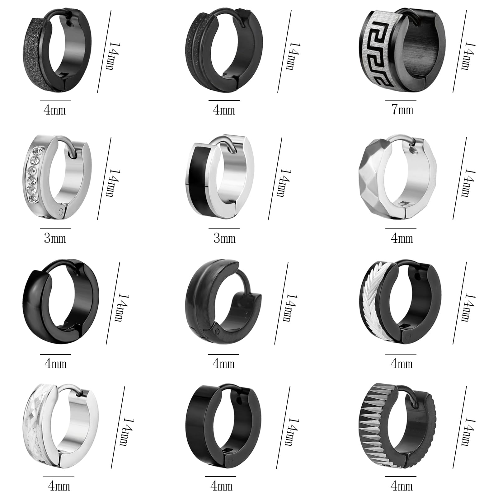 12 Pairs Stainless Steel Hoop Earrings for Men Hypoallergenic Earring Unisex Earring Black Silver Hoop Earrings for Women Men