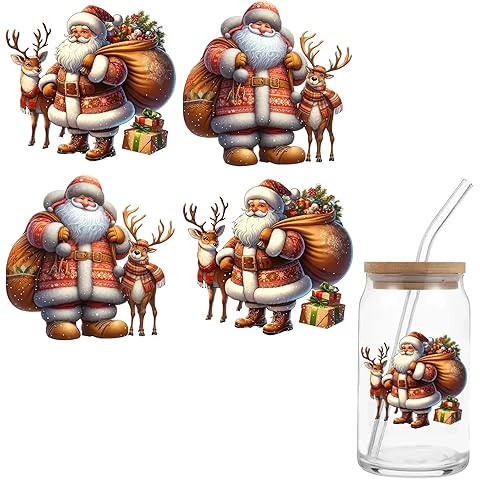 4pcs Christmas Santa Deer Reindeer UV DTF Cup Wraps Transfer Waterproof Sticker for Glass Cups Furniture Craft DIY Crafts,Rub on Transfer Stickers for DIY Water Bottle Laptop Decal Wood Car