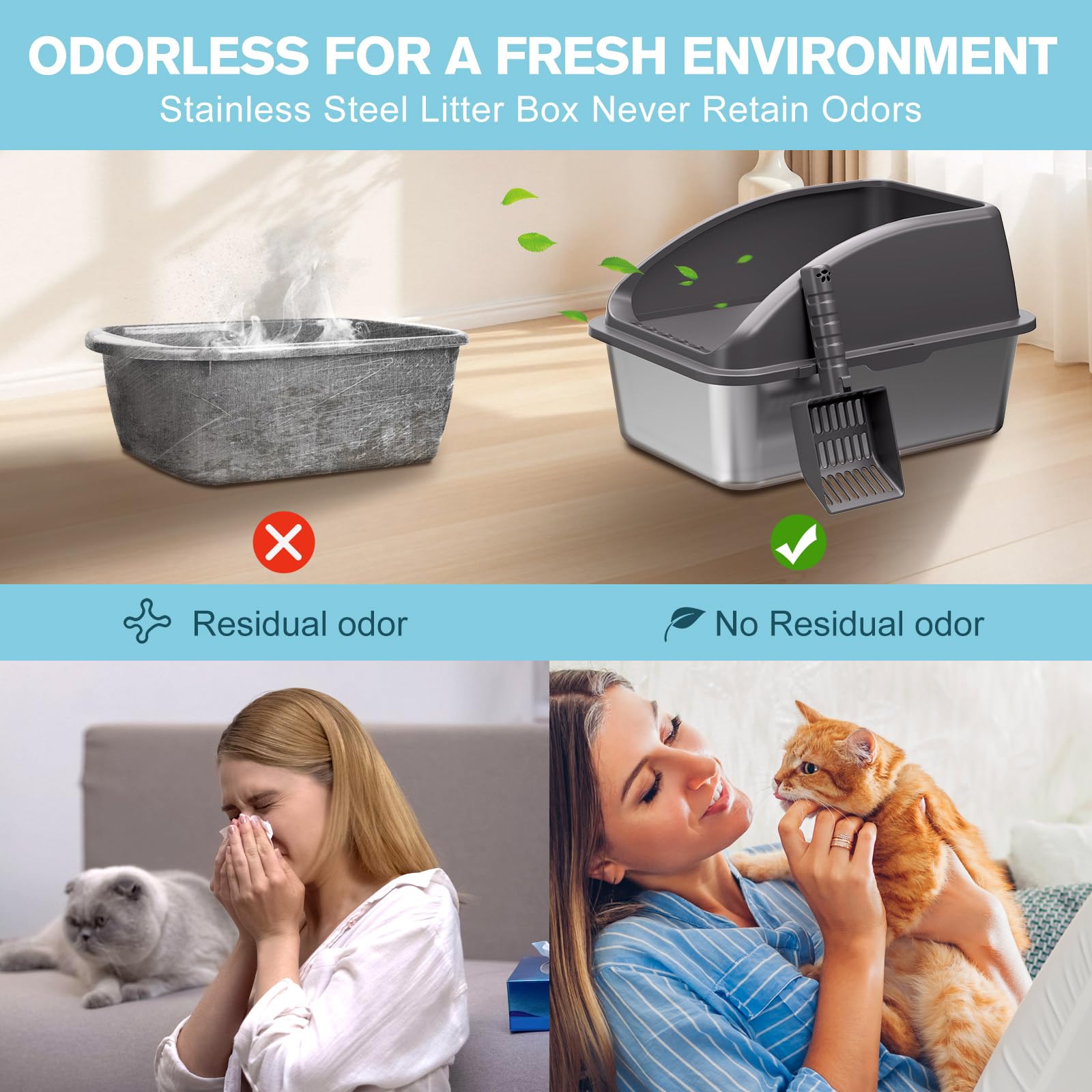 2PACK Stainless Steel Cat Litter Box,Large Litter Box with High Sides for Small Multiple Cats,Kittens,Metal Kitty Litter Boxes with Anti-Leak Lid,Non-Stick,Odorless,Easy to Clean,Scoop Included - image 5