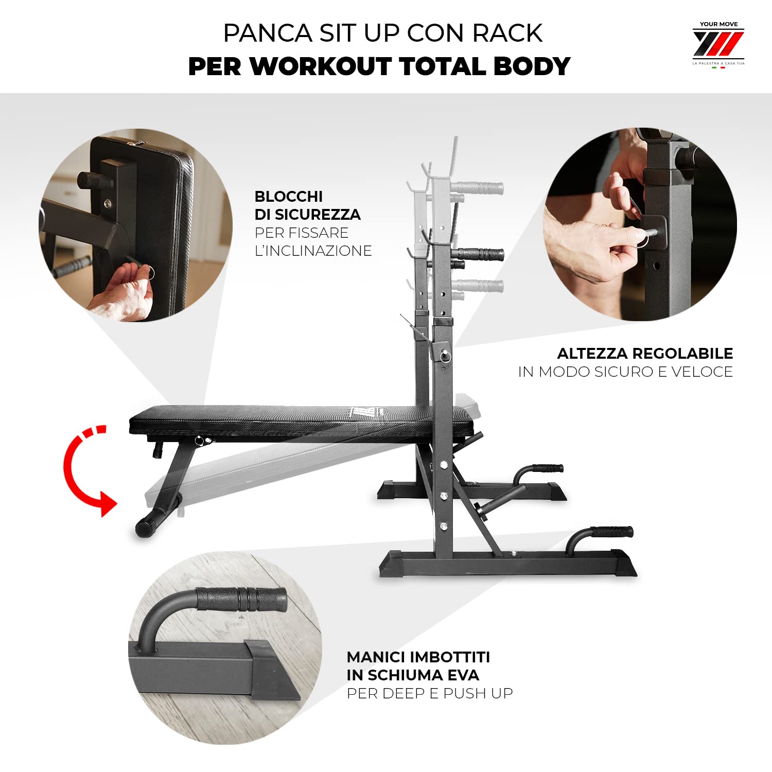 YM Bench Weight, Panca Sollevamento Pesi Professionale Regolabile con Porta Bilanciere, Acciaio Inossidabile, Verniciatura a Sabbia, Morbidi Cuscini in Schiuma in Similpelle, Schienale Inclinabile