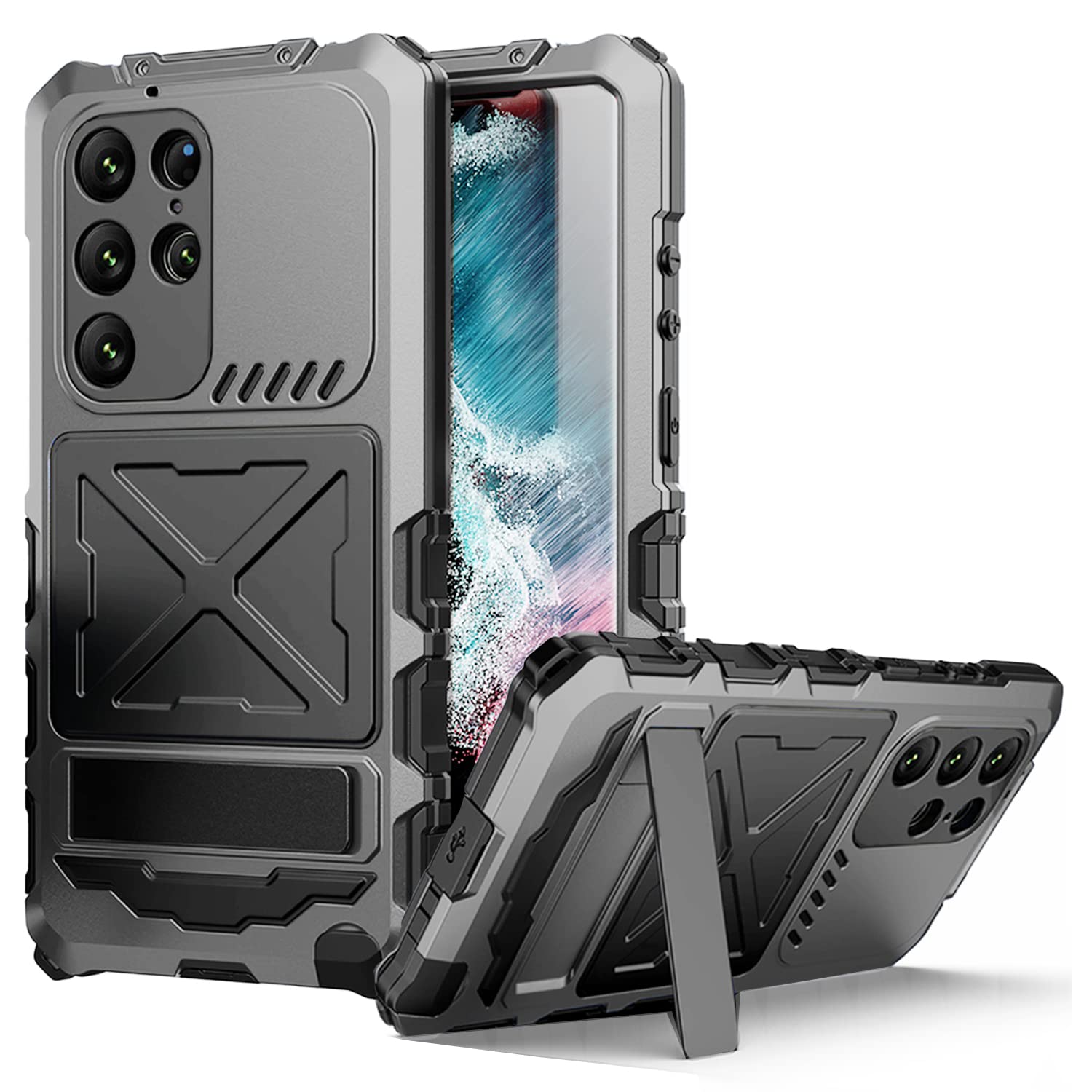 Simicoo Compatible with Samsung S24 Ultra Metal Bumper Military Rugged Silicone Case Heavy Duty Armor Defender Cover with Stand Built-in Gorilla Glass