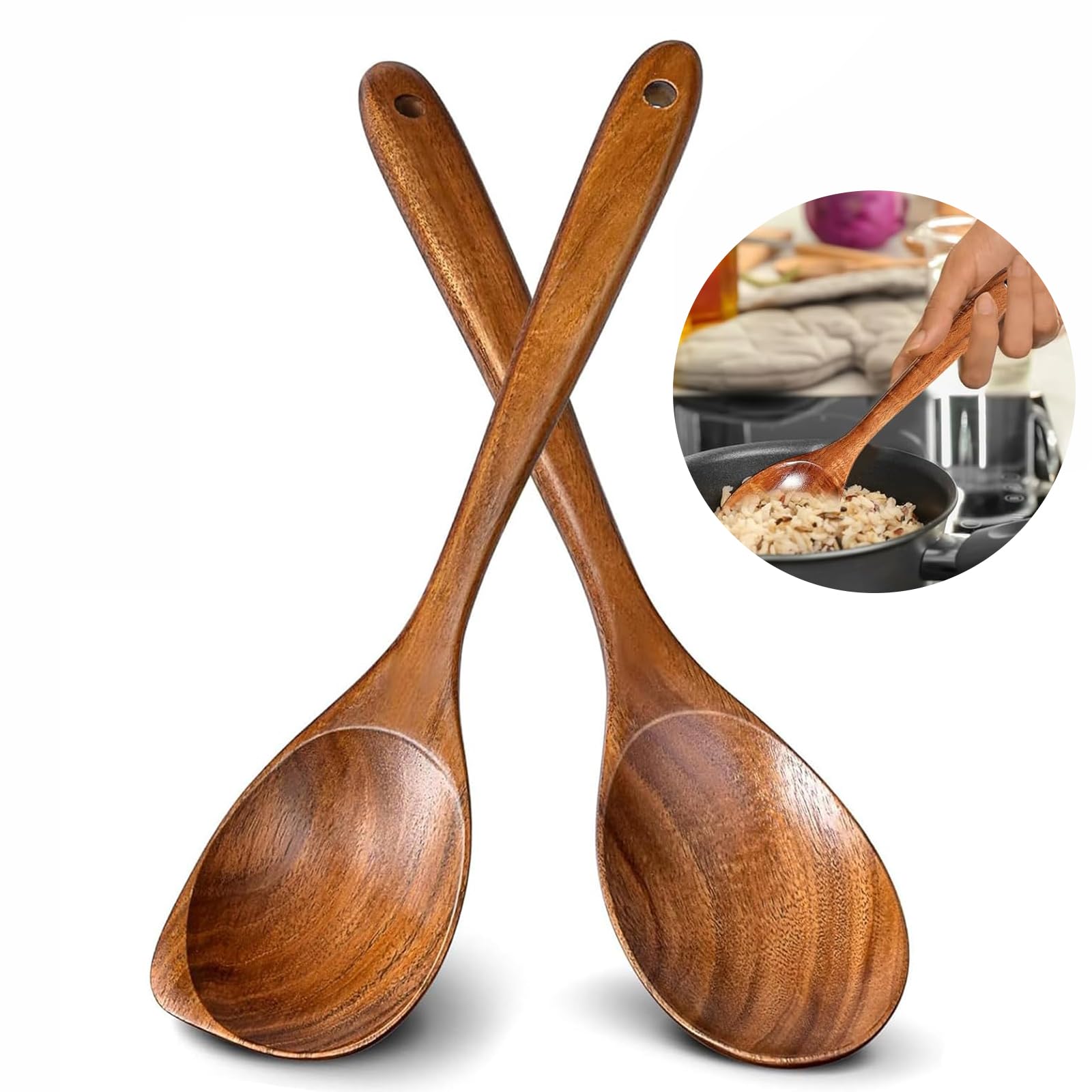 DSXVJHD 2pcs Wooden Spoons for Cooking, Natural Teak Non-Stick Wooden Cooking Spoon Set, Heat Resistant Round and Corner Spoons Kitchen Utensils for Baking, Stirring, Serving