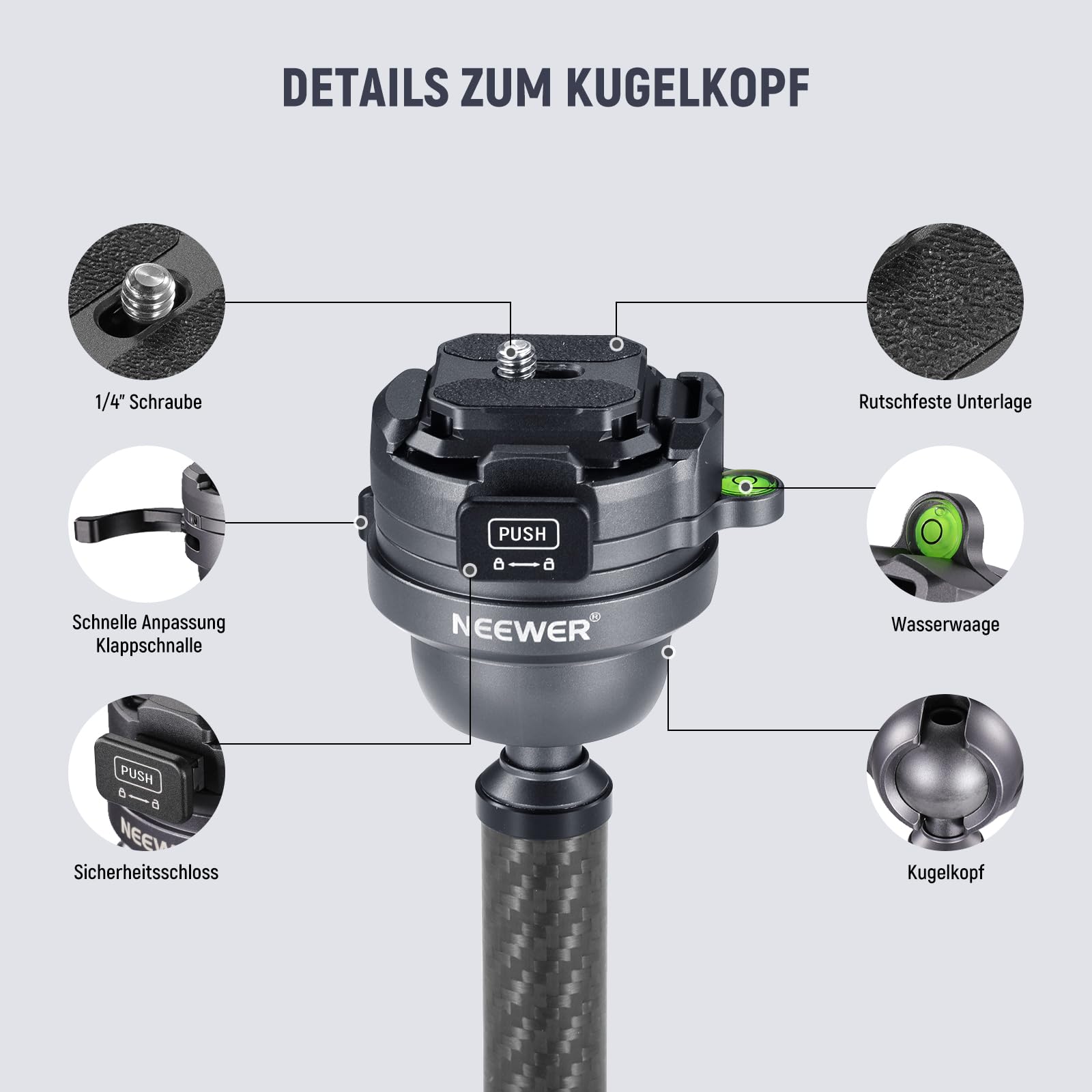NEEWER LITETRIP LT32 Kamera Reisestativ, tragbarer Ständer aus Carbonfaser, Kugelkopf mit Mittelachse Klappverschluss Reinigungstuch Arca QR Platte kompatibel mit Peak Design Capture V3 (ehemals TP62)