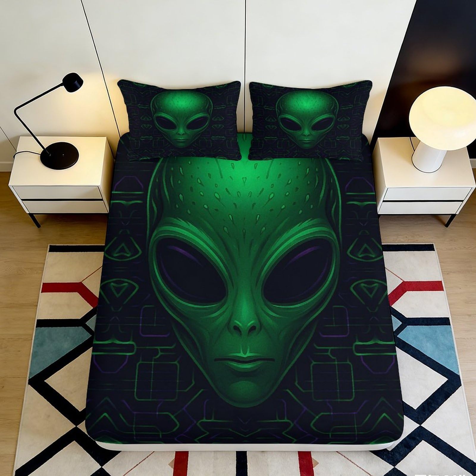3D Printed Green Skull Fitted Sheet Microfiber Durable Breathable Black Patterned Mattress Cover for Bedroom Dormitory Guest Room Protection 200x200x25cm