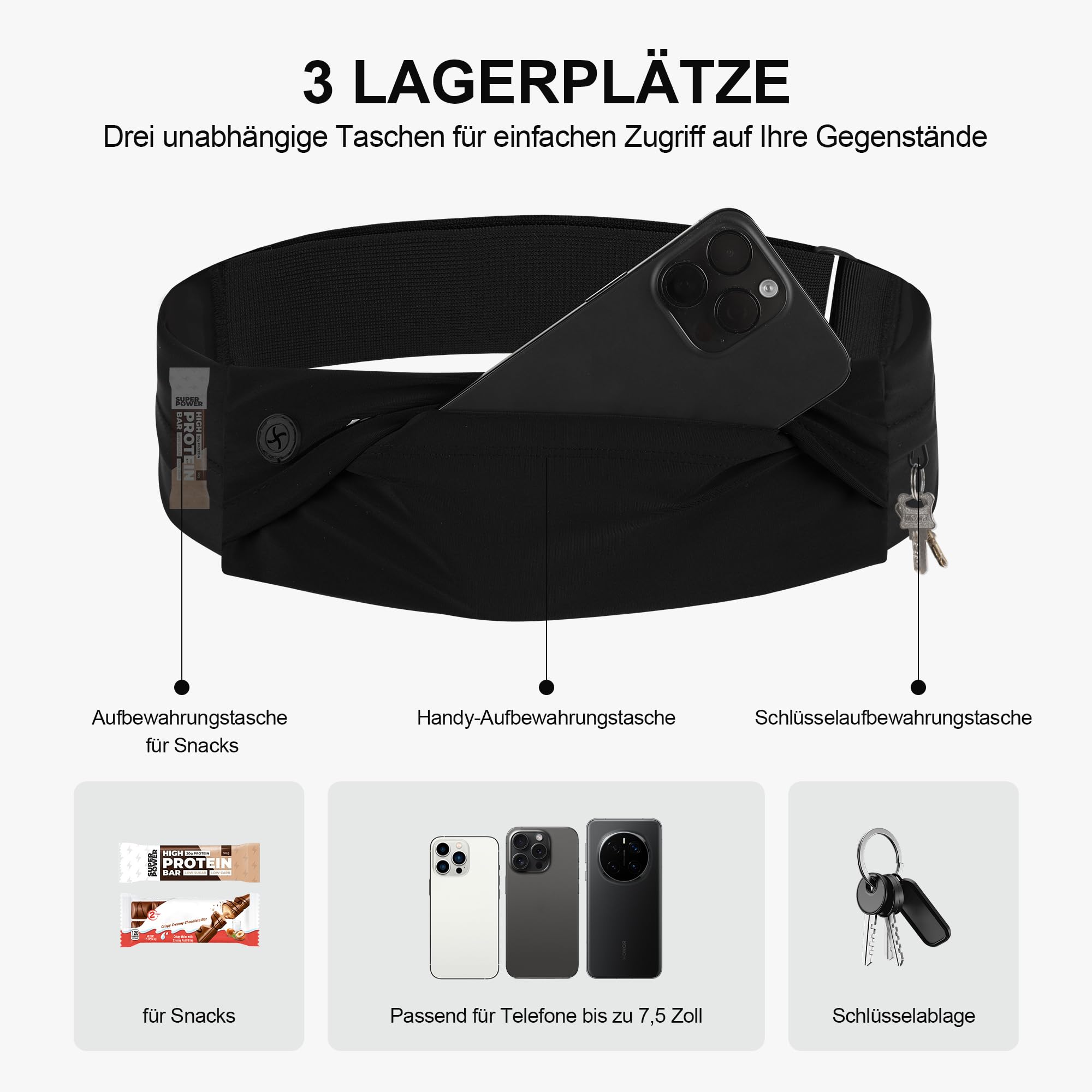 Laufgürtel für Handy, Hüfttasche für Running mit Schlüsselbund – Leicht Atmungsaktiv Wasserdicht, Mehrere Fächer, Reflektierend Kopfhöreranschluss – für Damen Herren zum Joggen, Sport, Reisen