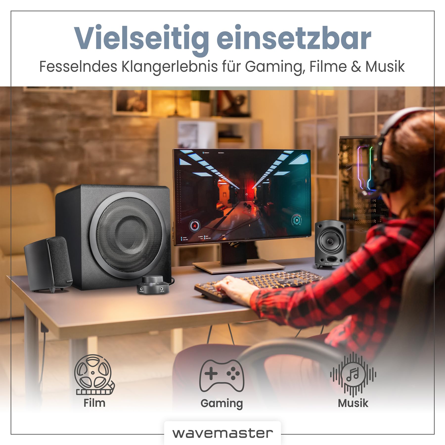 Wavemaster MOODY 2.1 Lautsprecher System (65 Watt) Aktiv-Boxen Nutzung für TV/Tablet/Smartphone/PC schwarz (66202)