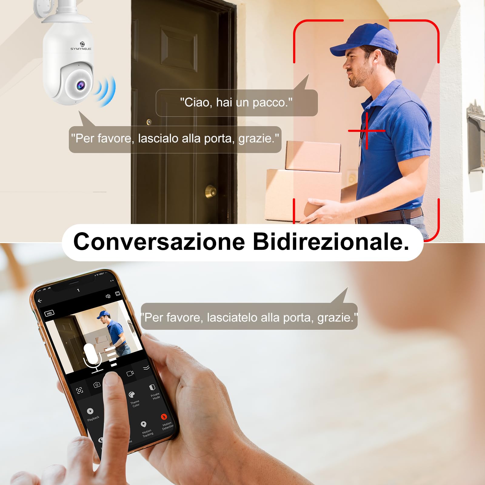 SYMYNELEC Telecamera Lampadina WiFi Esterno, 2K 4MP Videocamera Sorveglianza Senza Fili, Telecamera di Sicurezza con Allarme Sonoro e Luminoso, Visione Notturna a Colori, Audio Bidirezionale, 2PCS