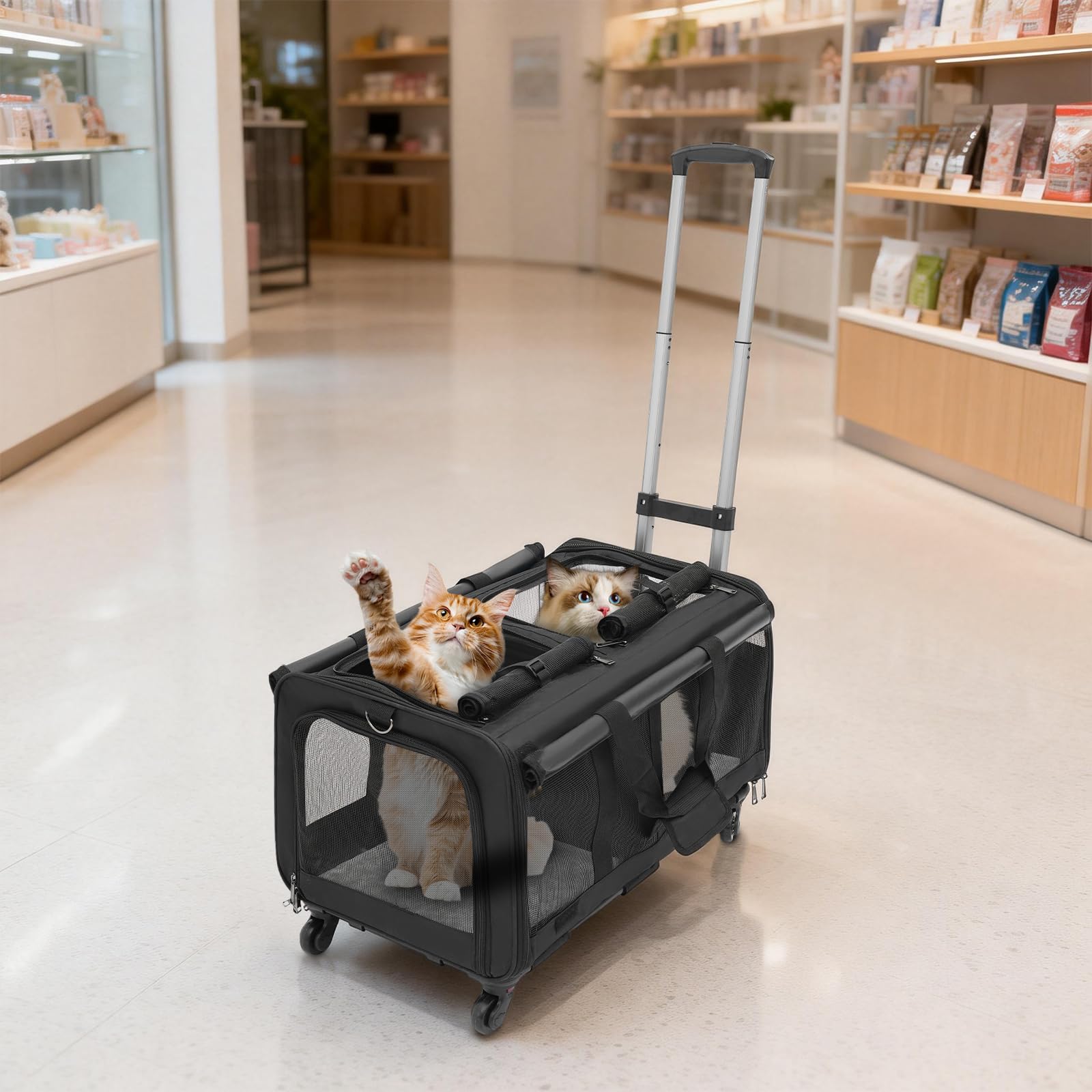 Transportín para mascotas con dos compartimentos y ruedas para gato/perro, caja de transporte extraíble para gatos con asa telescópica para 2 gatos/perros, hasta 17,5 kg, para viajes, senderismo