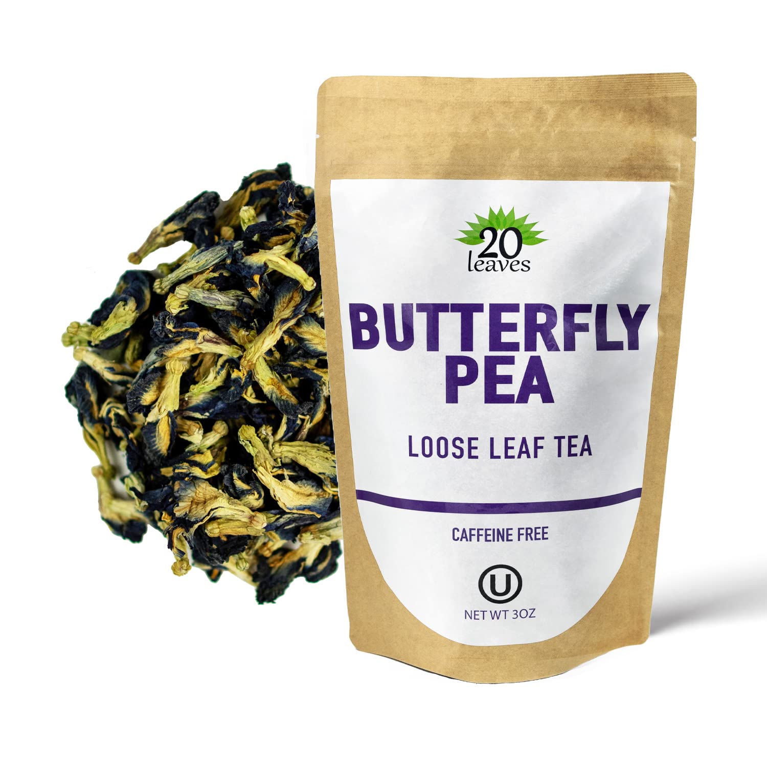 20 LeavesButterfly Pea Flower Loose Leaf Tea - Herbal Tisane - Caffeine Free Hot Tea - 3oz Resealable Kraft Bag Pouch - 1 Pack