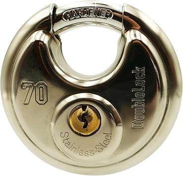 قفل قرص السلطعون DoubleLock، من الفولاذ المقاوم للصدأ المقوى، مقاوم للعوامل الجوية، 5 مفاتيح مقطوعة بدقة، أمان عالي التحمل للبوابات والمقطورات والسقائف ووحدات التخزين