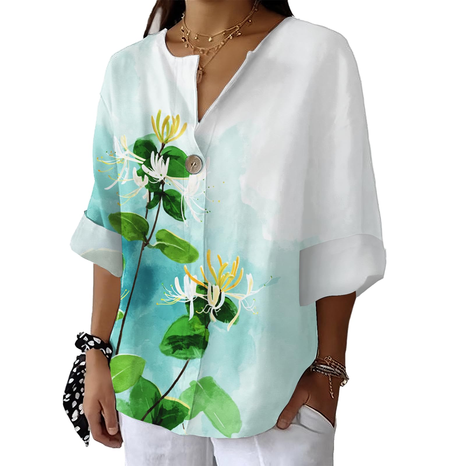 Floral Bird Graphic Shirt Womens Casual Blouse Summer Fashion 3 4 Sleeve V Neck Tops Loose Lightweight Pullover