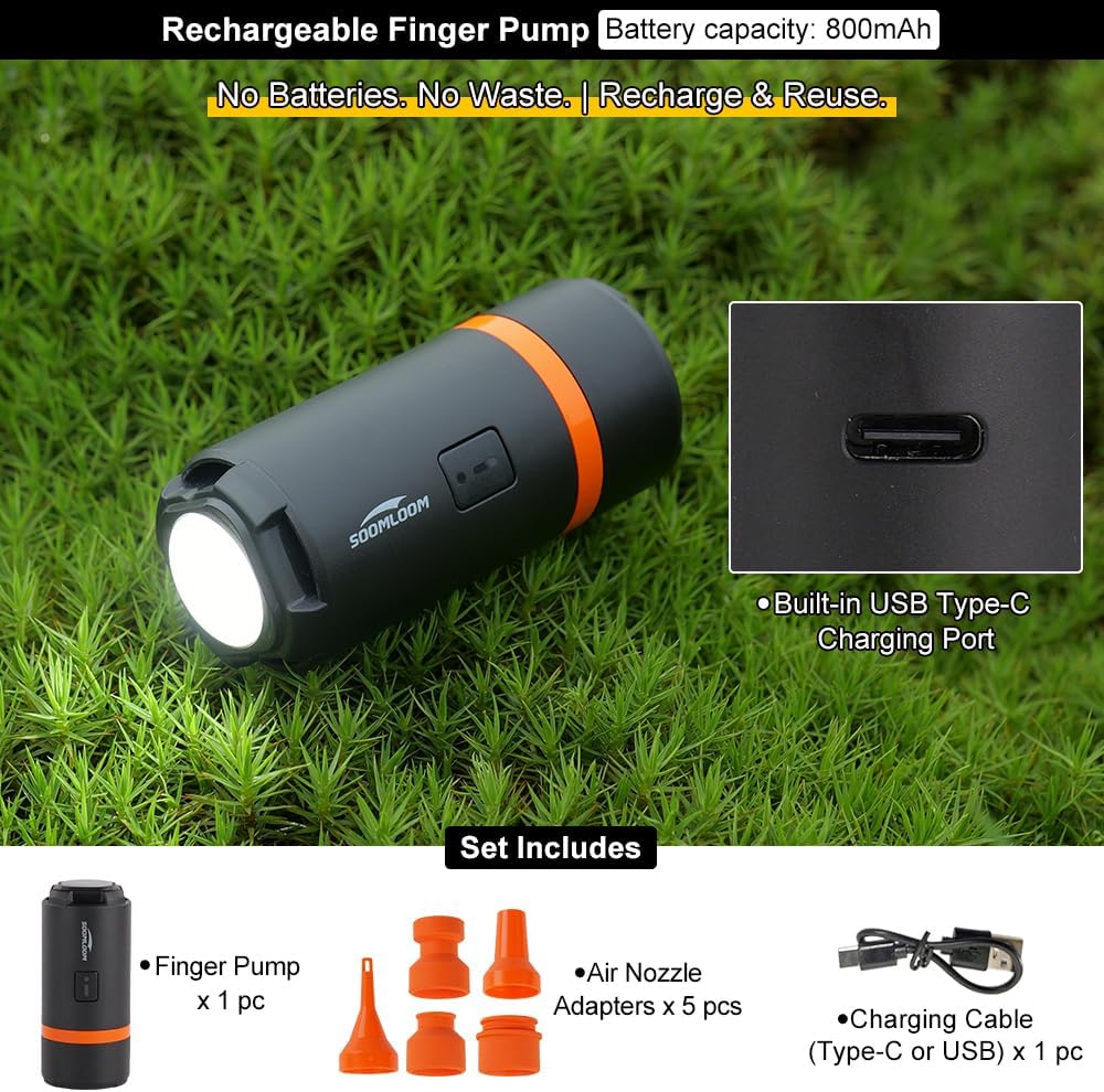 Soomloom Micro Finger Pump with LED Light Electric Ultra-Compact Air Sleeping pad Fast Inflation Build-in Rechargeable Battery Camping Outdoor Air Mattress Inflation/Deflation Pump
